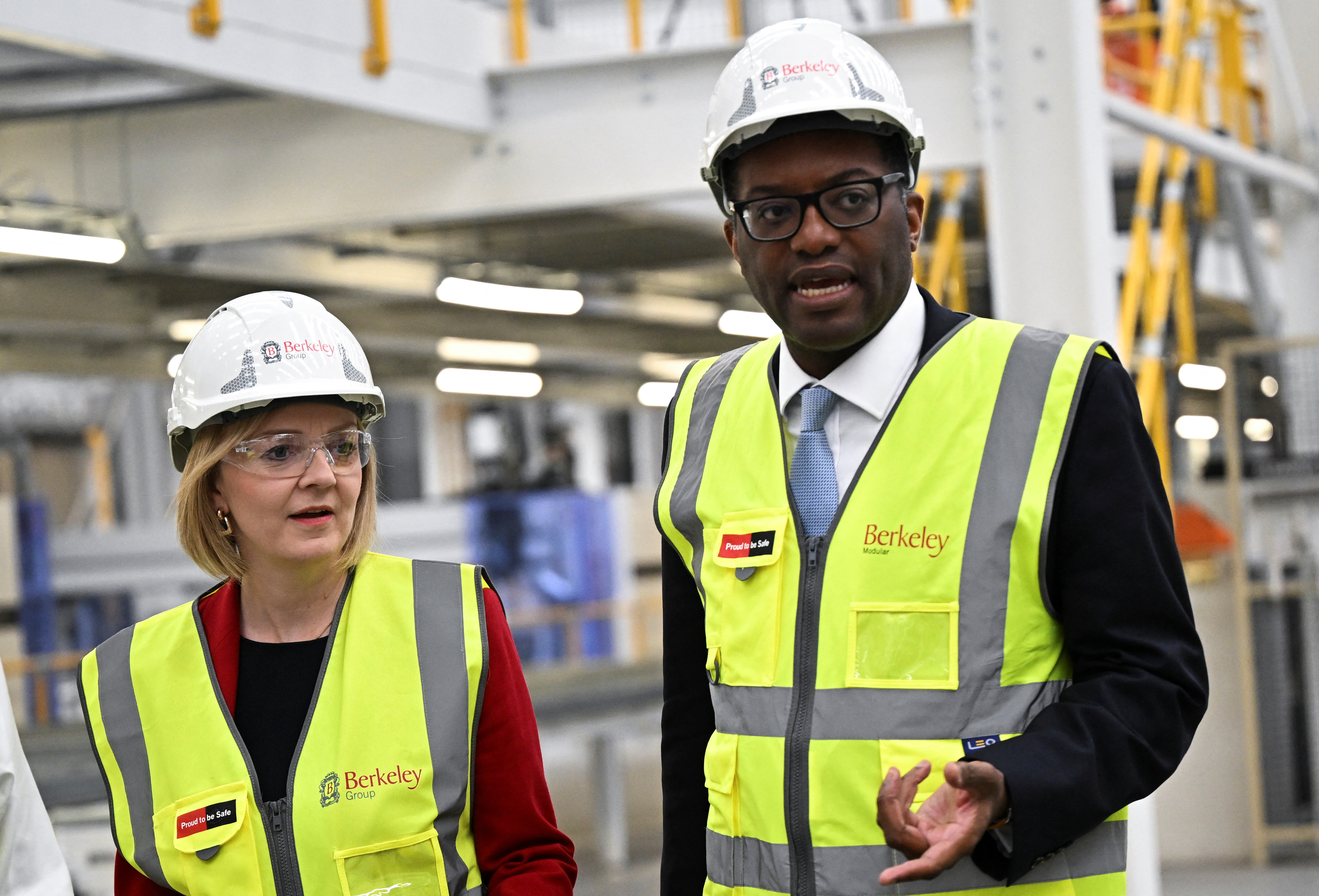 British Prime Minister Liz Truss and Chancellor of the Exchequer Kwasi Kwarteng visit Berkeley Modular, in Northfleet, Kent, Britain, Sept. 23, 2022.