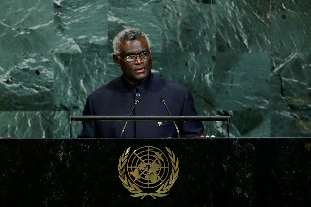 Solomon Islands Prime Minister Manasseh Sogavare addresses the 72nd United Nations General Assembly at U.N. headquarters in New York, Sept. 22, 2017.