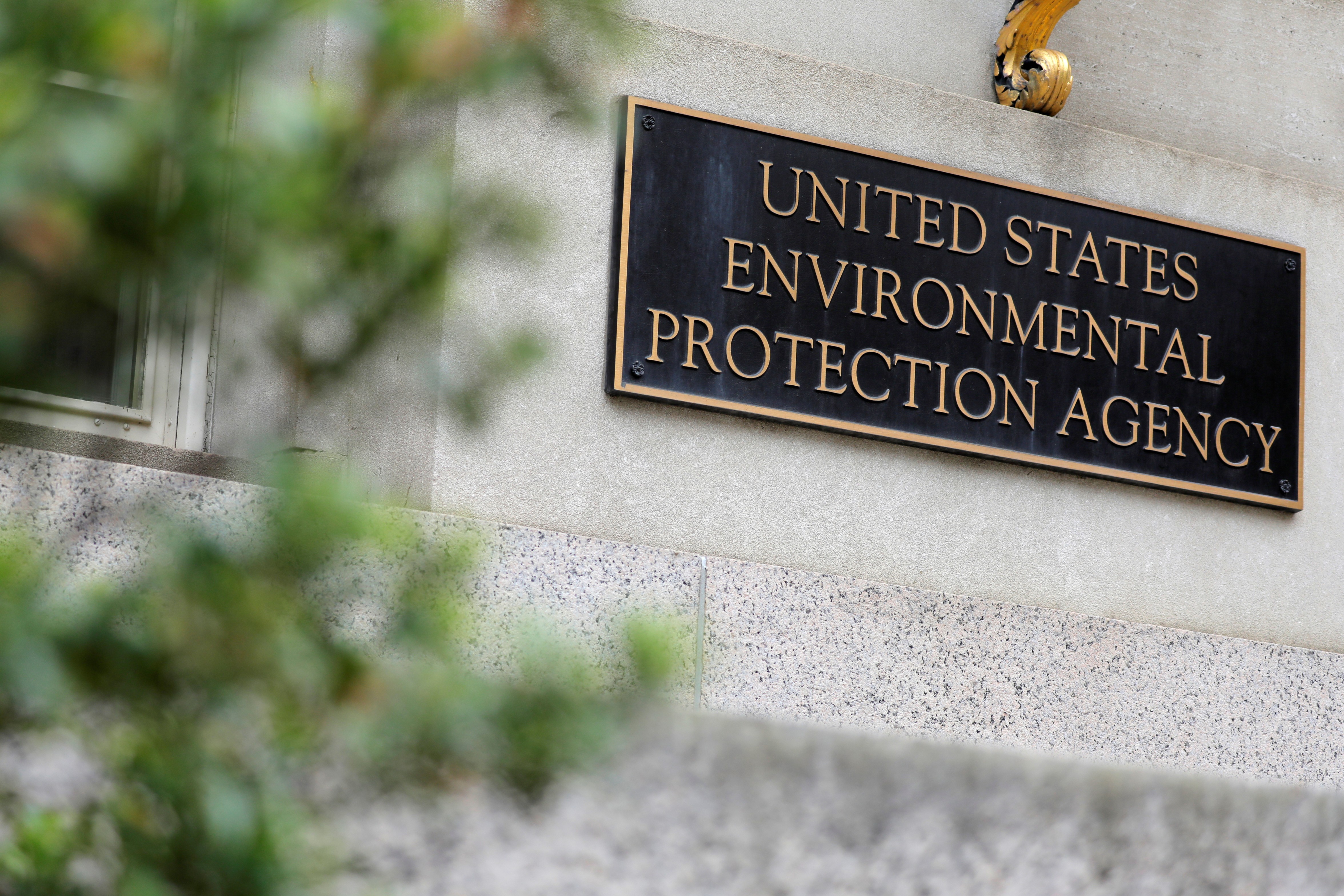 Signage is seen at the headquarters of the United States Environmental Protection Agency in Washington, D.C., May 10, 2021.