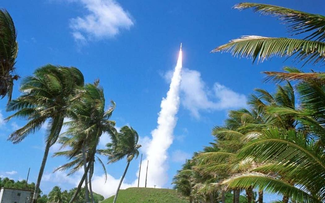 Meck Island at the U.S. Reagan Test Site in Kwajalein Atoll, the Marshall Islands is a key launch pad for missiles fired to intercept incoming dummy warheads shot from California.