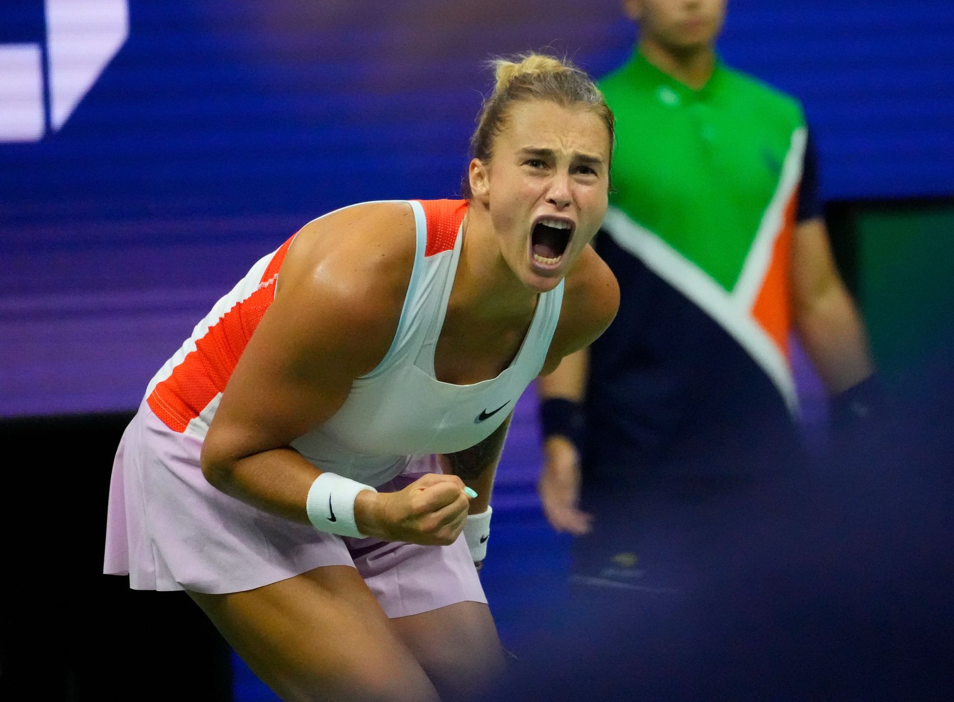Aryna Sabalenka reacts after winning a game in the third set against Danielle Collins on day eight of the 2022 U.S. Open tennis tournament at USTA Billie Jean King National Tennis Center in Flushing, NY,  Sept. 5, 2022.