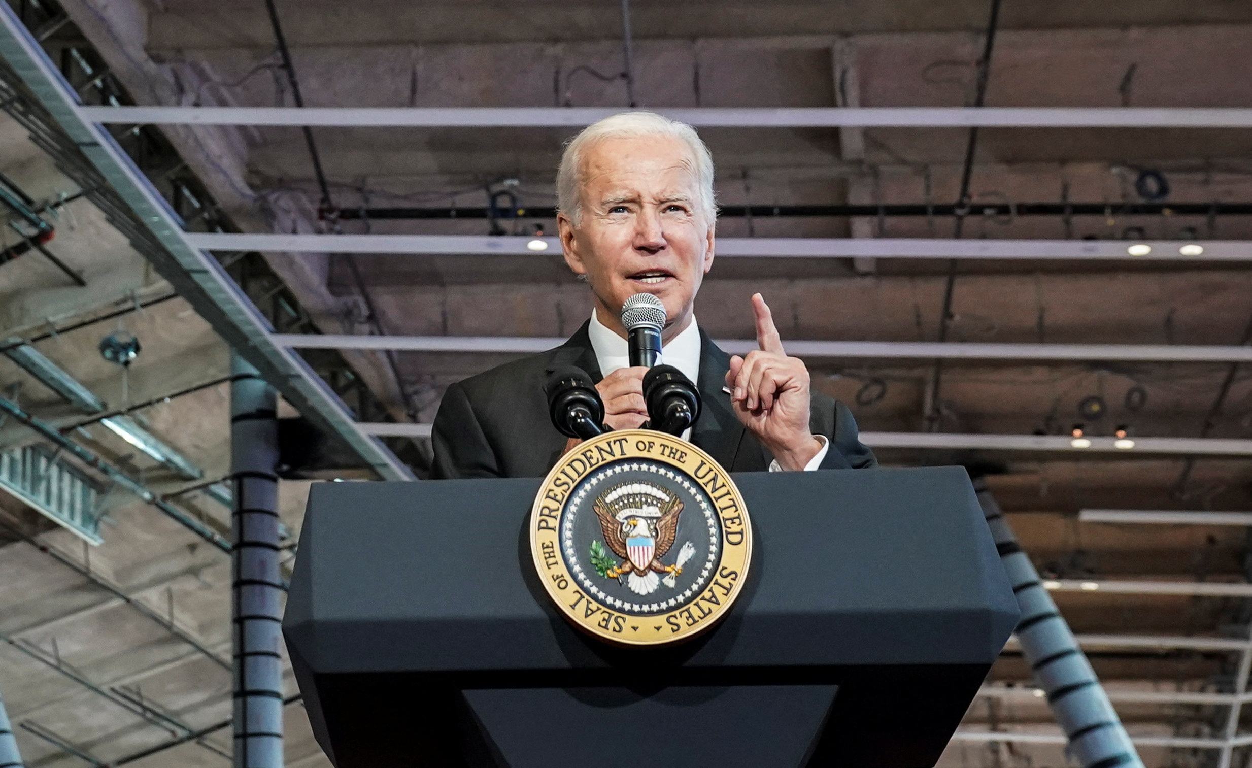 President Joe Biden delivers remarks at Boston Logan International Airport's Terminal E in Boston, Massachusetts, Sept. 12, 2022.