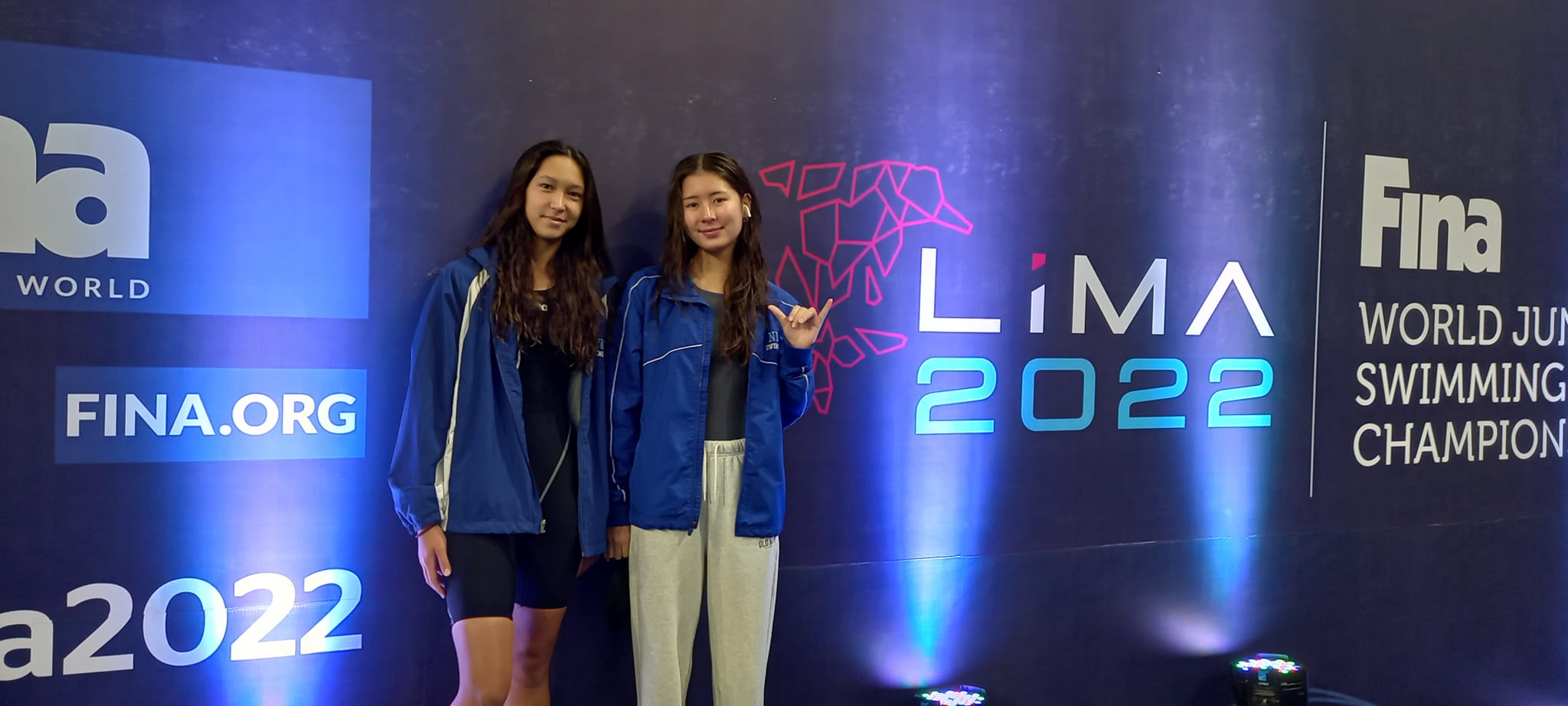 Jinie Thompson, right, and Savita Sikkel at the 8th FINA World Junior Swimming Championships in Lima Peru.