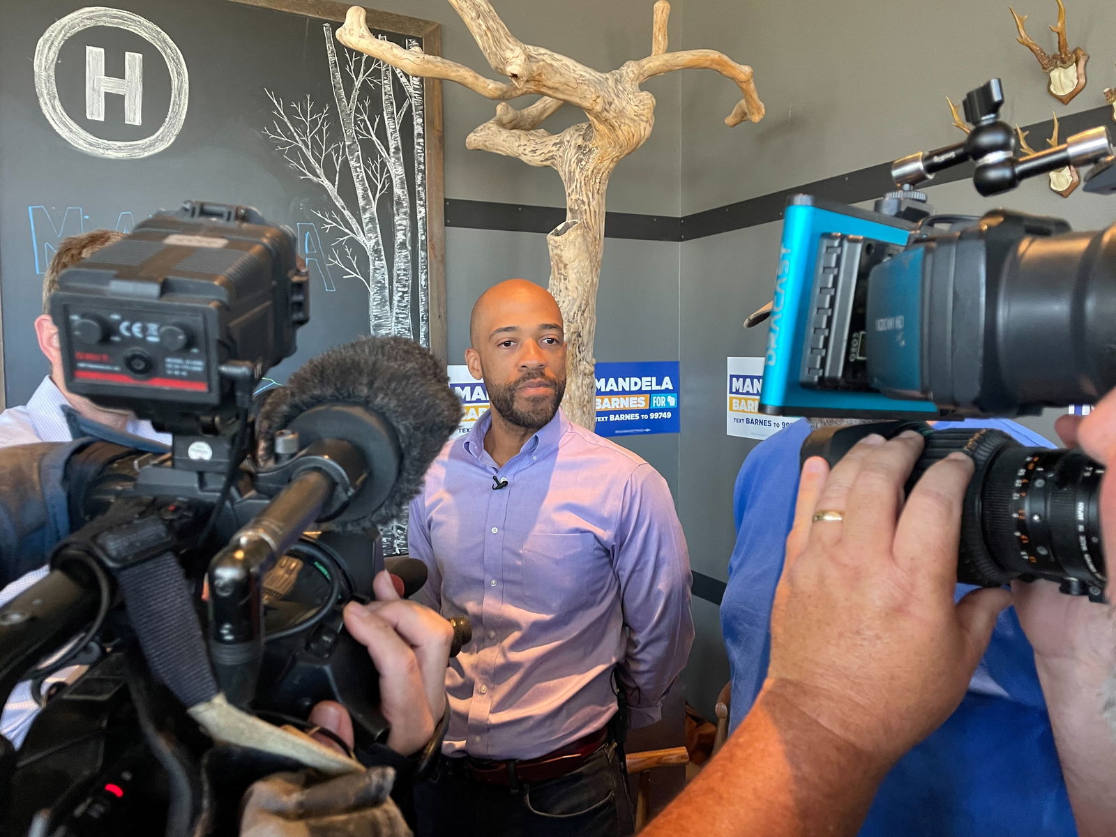 U.S. Senate candidate Mandela Barnes addresses the media at a campaign event in Green Bay, Wisconsin, Sept. 6, 2022.