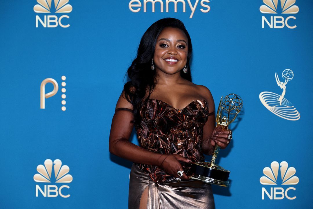 Quinta Brunson, winner of Outstanding Writing for a Comedy Series for “Abbott Elementary" holds her Emmy at the 74th Primetime Emmy Awards held at the Microsoft Theater in Los Angeles, Sept. 12, 2022.