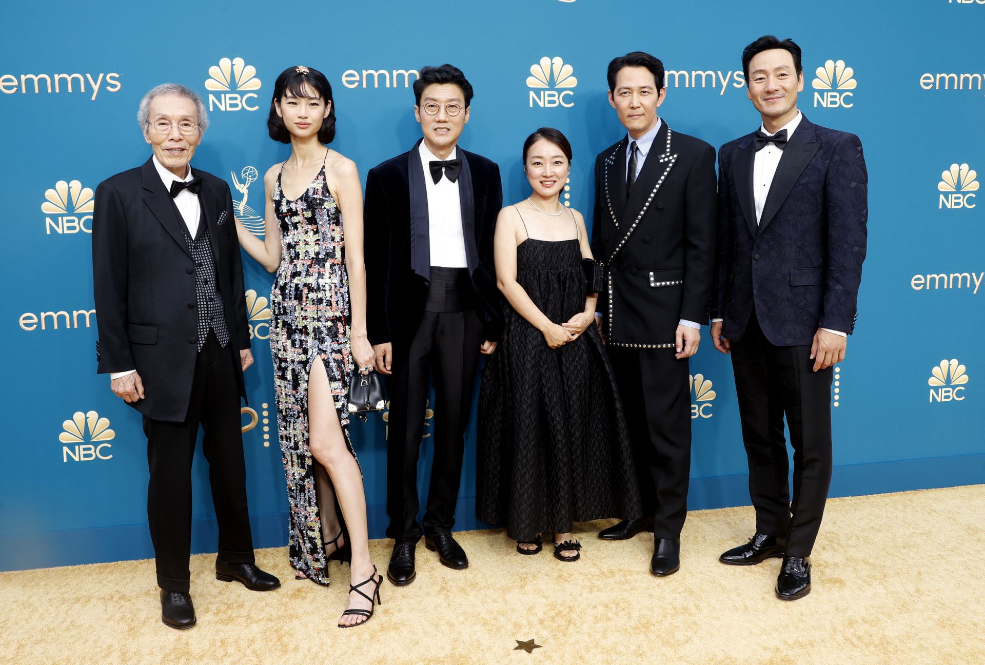 Park Hae-Soo, Lee Jung-Jae, Kim Ji-Yeon, Hwang Dong-Hyuk, Jung Ho-Yeon and Oh Young-Soo, of "Squid Game," arrive at the 74th Primetime Emmy Awards in Los Angeles, California, Sept. 12, 2022.