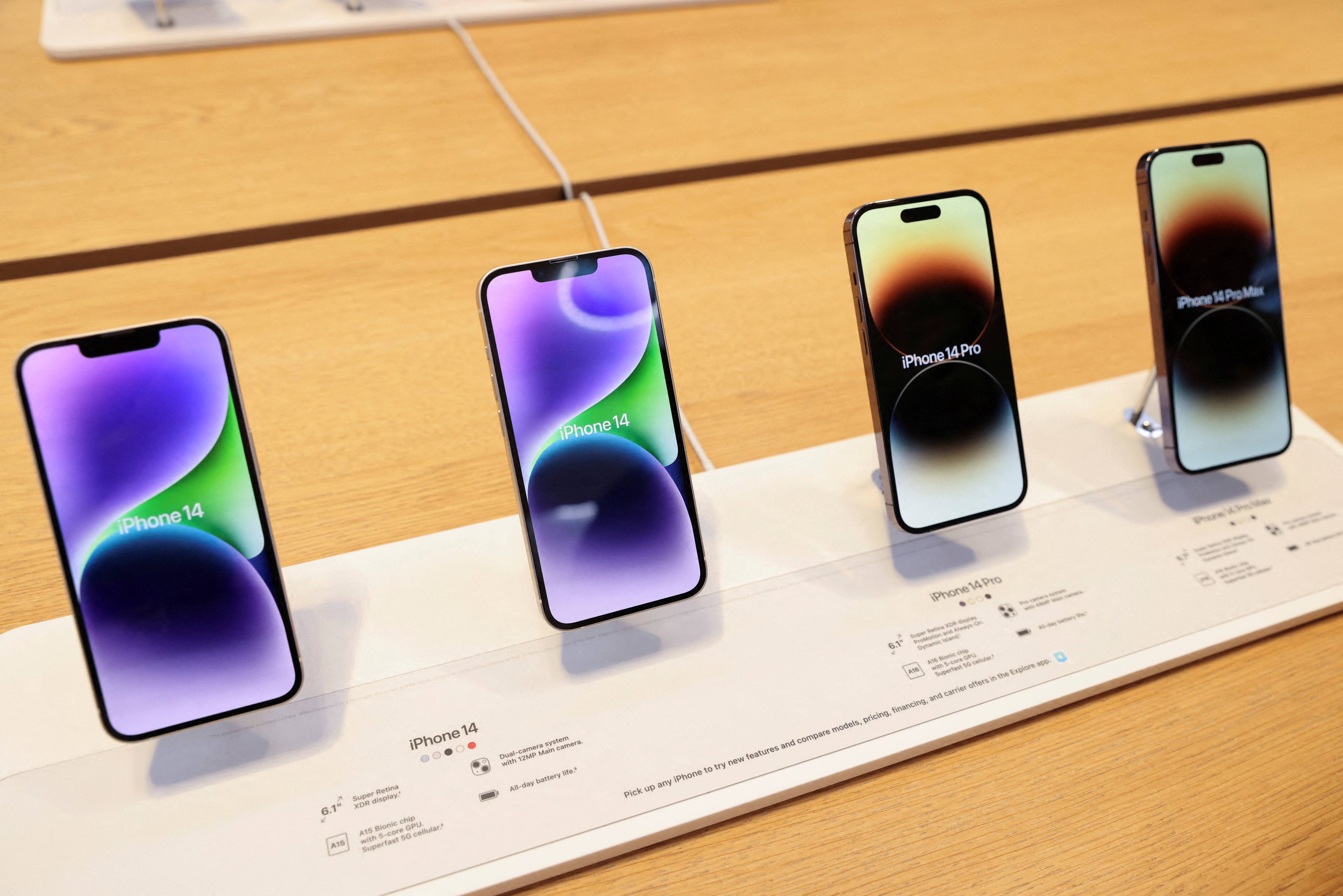 The iPhone 14, iPhone 14 Pro and iPhone 14 Pro Max are displayed at the Apple Fifth Avenue store, in Manhattan, New York City, Sept. 16, 2022.