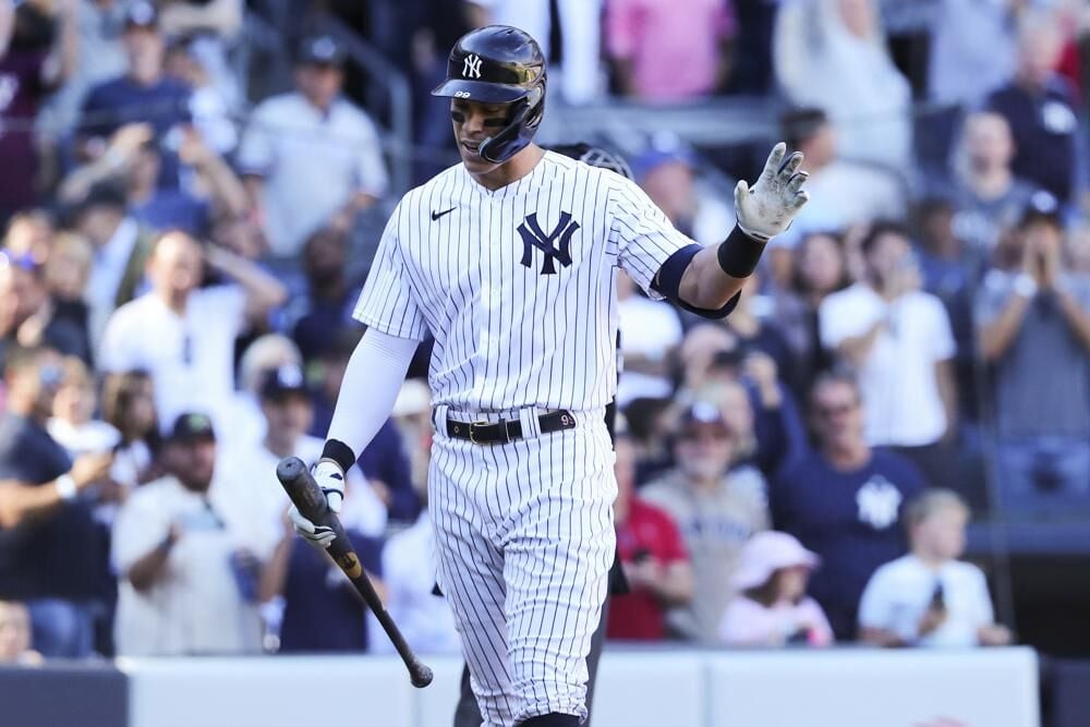New York Yankees' Aaron Judge reacts after striking out against Boston Red Sox relief pitcher John Schreiber during the seventh inning of a baseball game Saturday, Sept. 24, 2022, in New York.