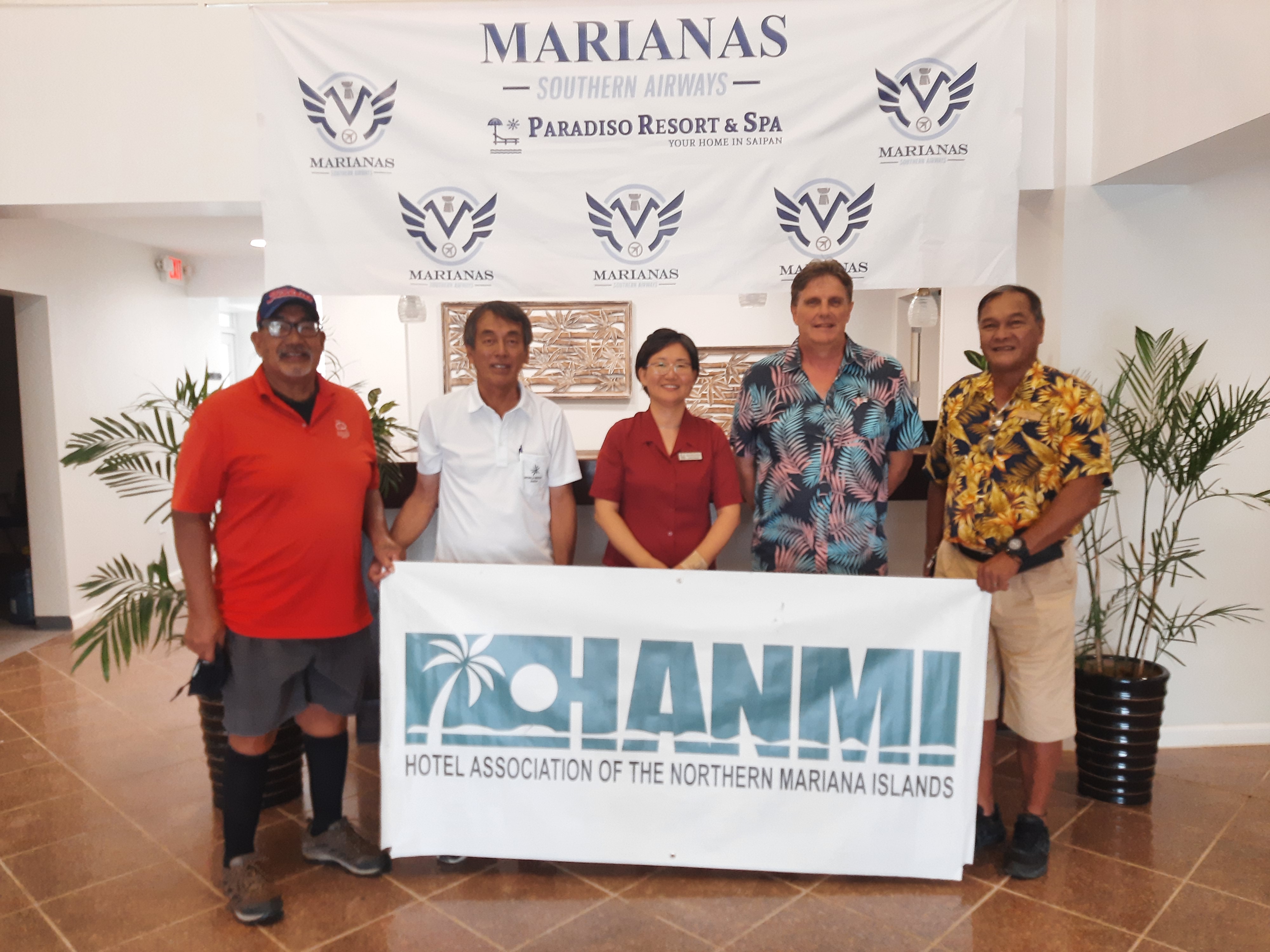 At Paradiso Resort & Spa in Koblerville, Marianas Southern Airways Vice President of CNMI & Guam William Gilles donates $1,000 on Aug. 31, 2022 as a Deluxe Sponsor for the 20th Annual HANMI Charity Classic Golf Tournament. Also in photo are tournament committee chairman Tony Satur, tournament committee chairman Juko Ishikawa, Paradiso Resort & Spa General Manager Baek Kyung Gilles, and tournament committee member Max Concepcion.