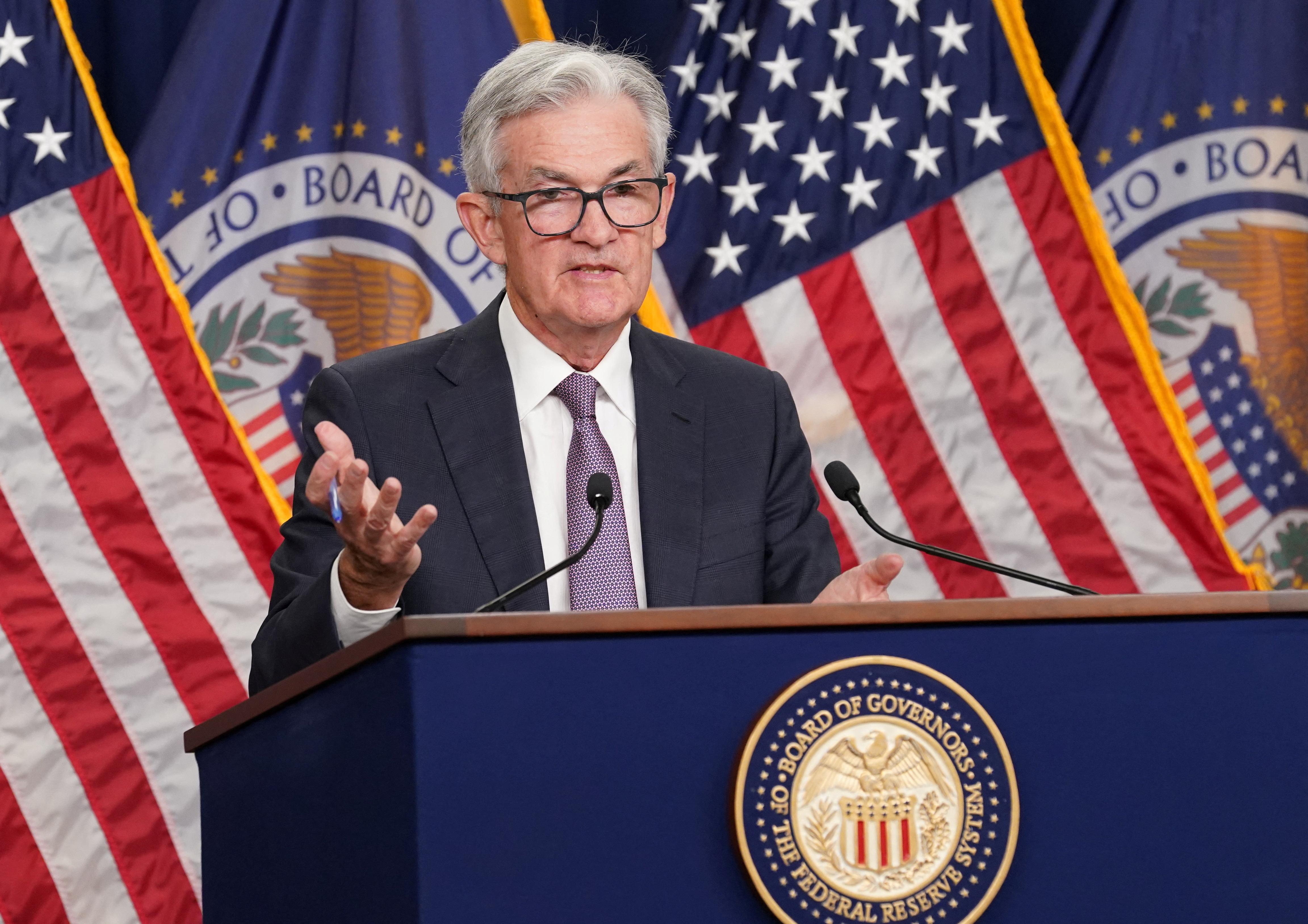Federal Reserve Board Chairman Jerome Powell holds a news conference after the Federal Reserve raised its target interest rate by three-quarters of a percentage point in Washington, D.C., Sept. 21, 2022.