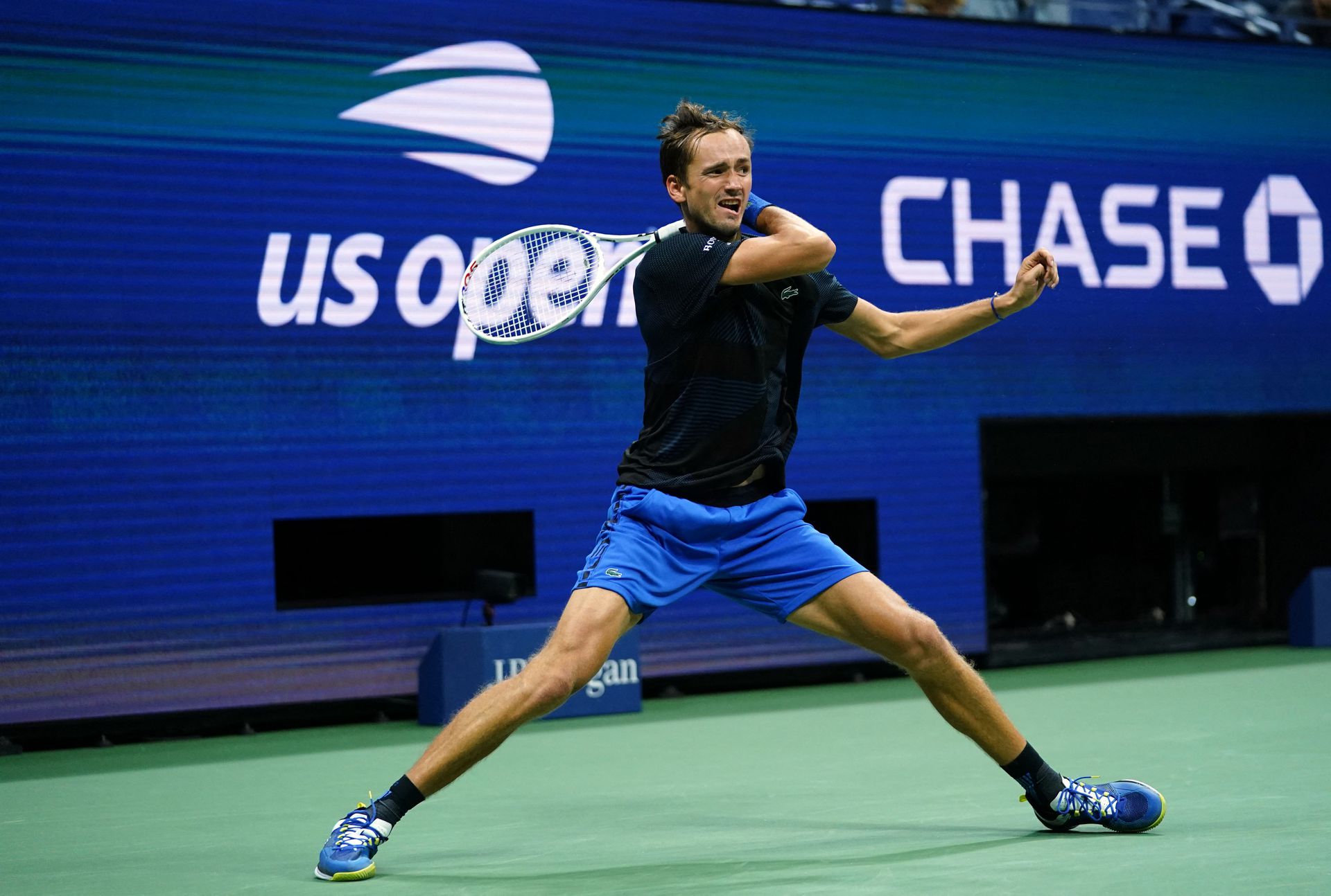 Daniil Medvedev hits to Arthur Rinderknech on day three of the 2022 U.S. Open tennis tournament at USTA Billie Jean King Tennis Center in Flushing, NY, Aug. 31, 2022.