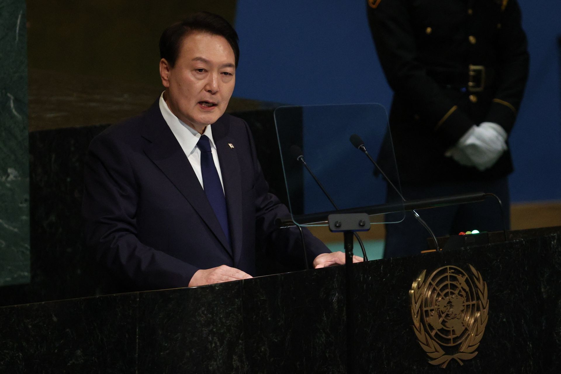 South Korean President Yoon Suk Yeol addresses the 77th Session of the United Nations General Assembly at U.N. Headquarters in New York City, Sept. 20, 2022.