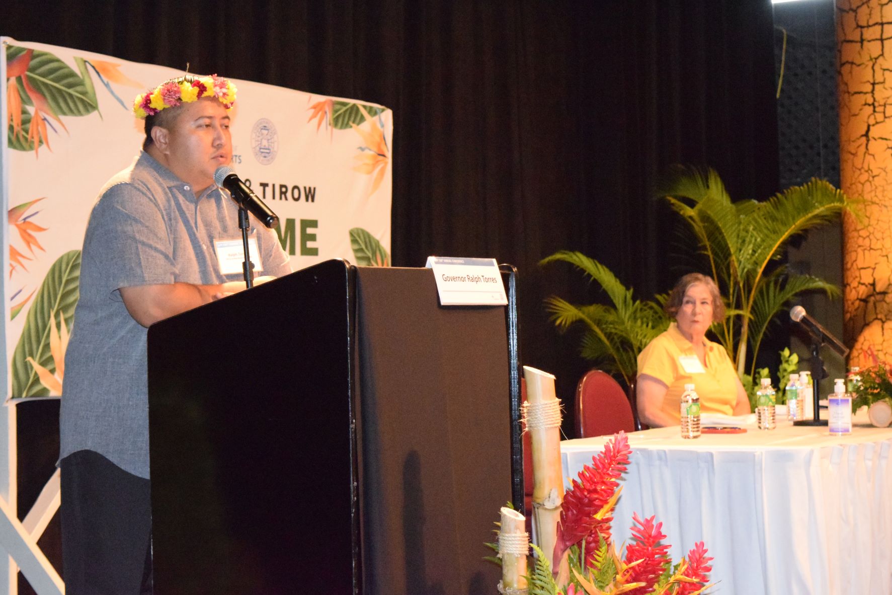 Gov. Ralph DLG Torres delivers his welcoming remarks as Port of Long Beach Harbor Commission President Sharon Weissmann looks on during the Association of Pacific Ports 108th Annual Conference at the Hyatt Regency Saipan's ballroom on Monday.