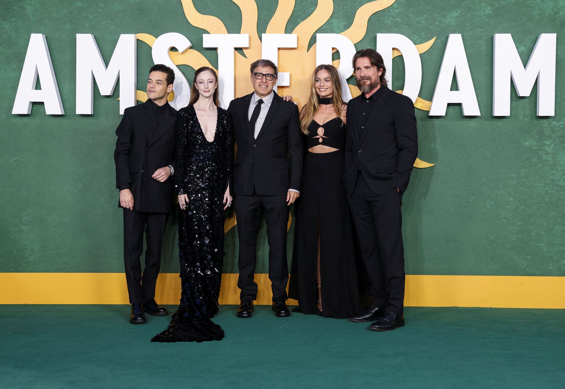 Director David O. Russell with cast members Rami Malek, Andrea Riseborough, Margot Robbie and Christian Bale attend the European premiere of the film "Amsterdam," in London, Britain on Sept. 21, 2022.