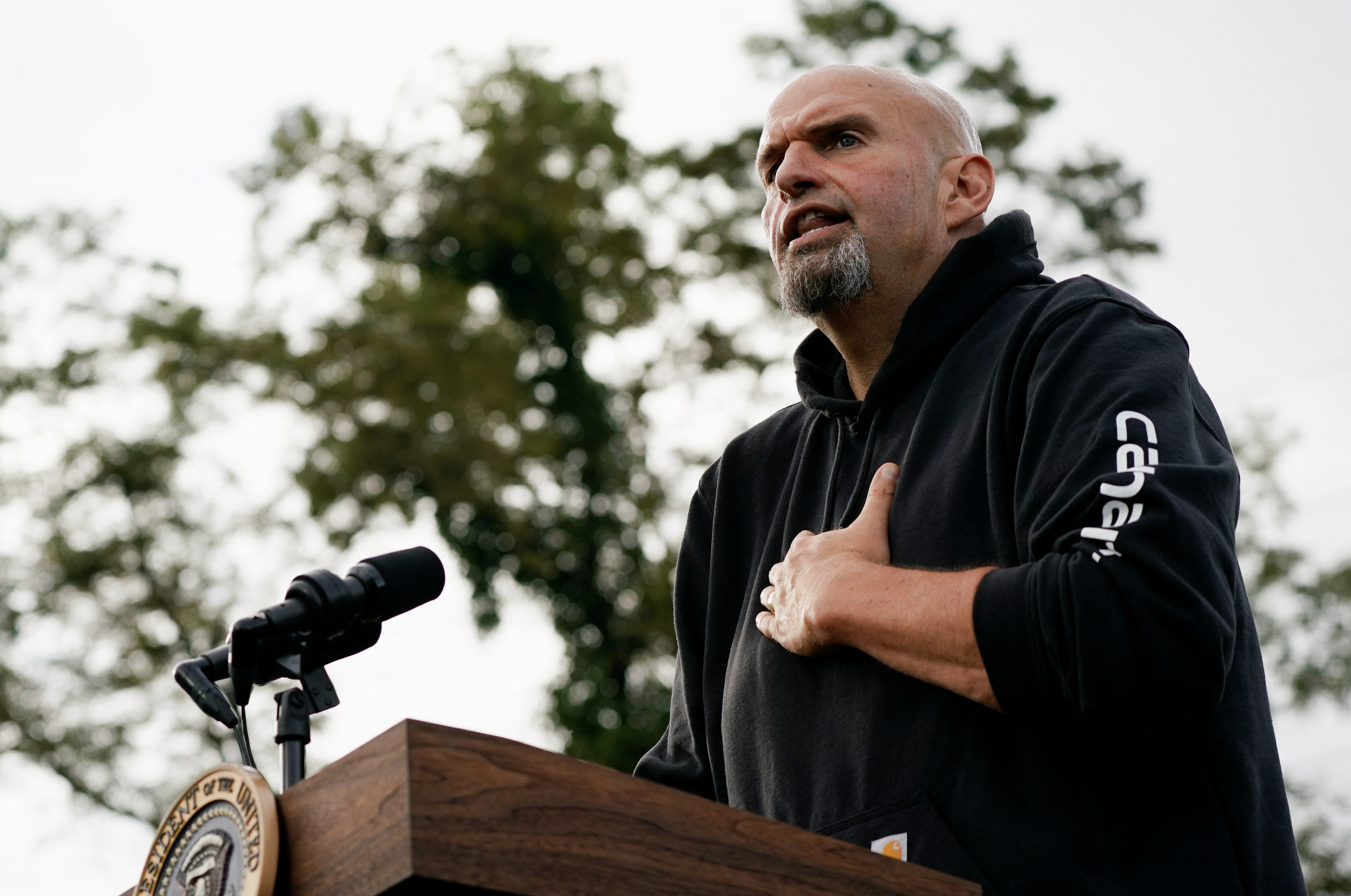 Pennsylvania Lieutenant Governor and U.S. Senate candidate John Fetterman delivers remarks as he attends a Labor Day celebration with President Joe Biden at the United Steelworkers of America Local Union 2227 in West Mifflin, Pennsylvania, Sept. 5, 2022.