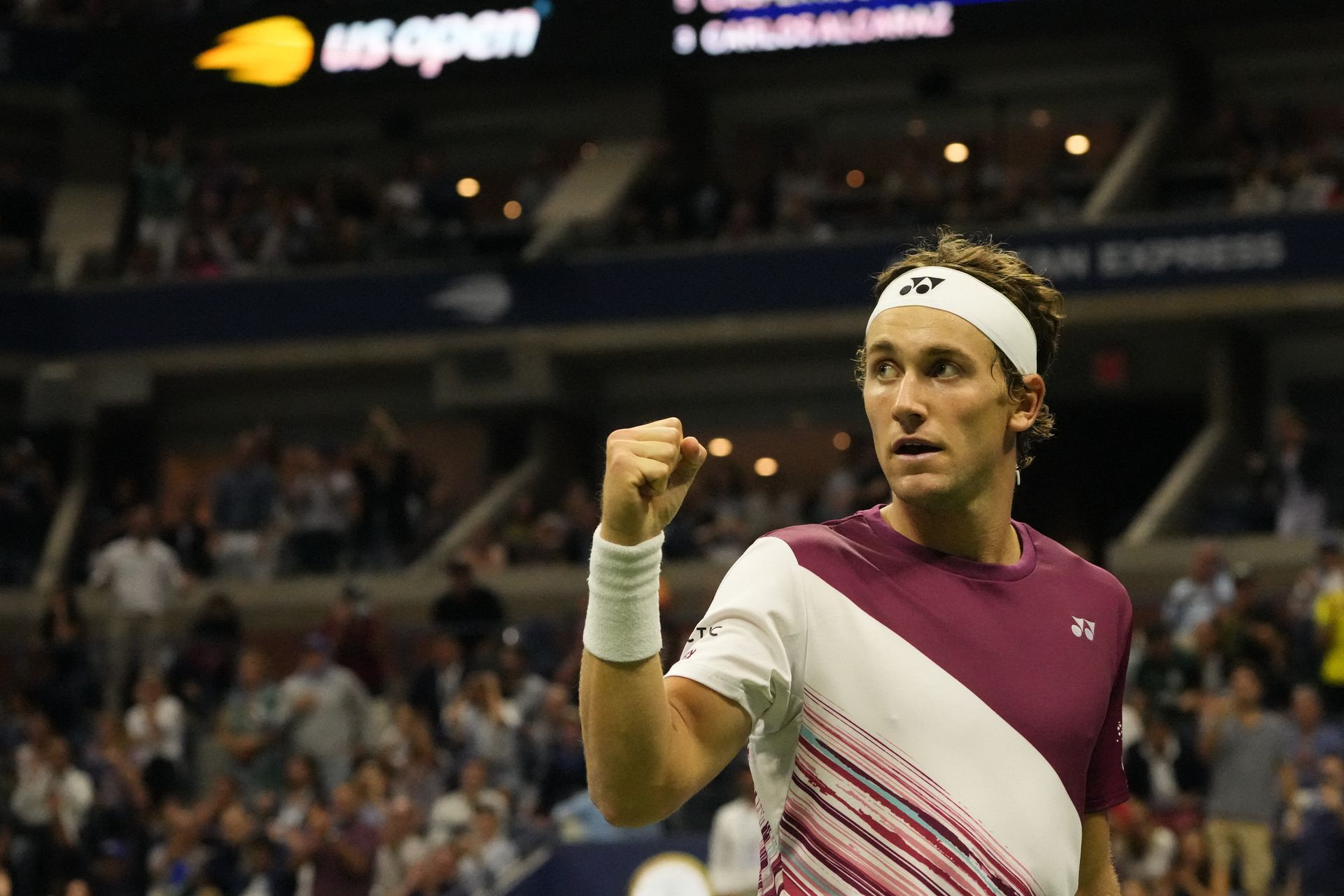 Casper Ruud  reacts after winning a point against Carlos Alcaraz in the men's singles final on day 14 of the 2022 U.S. Open tennis tournament at USTA Billie Jean King Tennis Center in Flushing, NY, Sept. 11, 2022.
