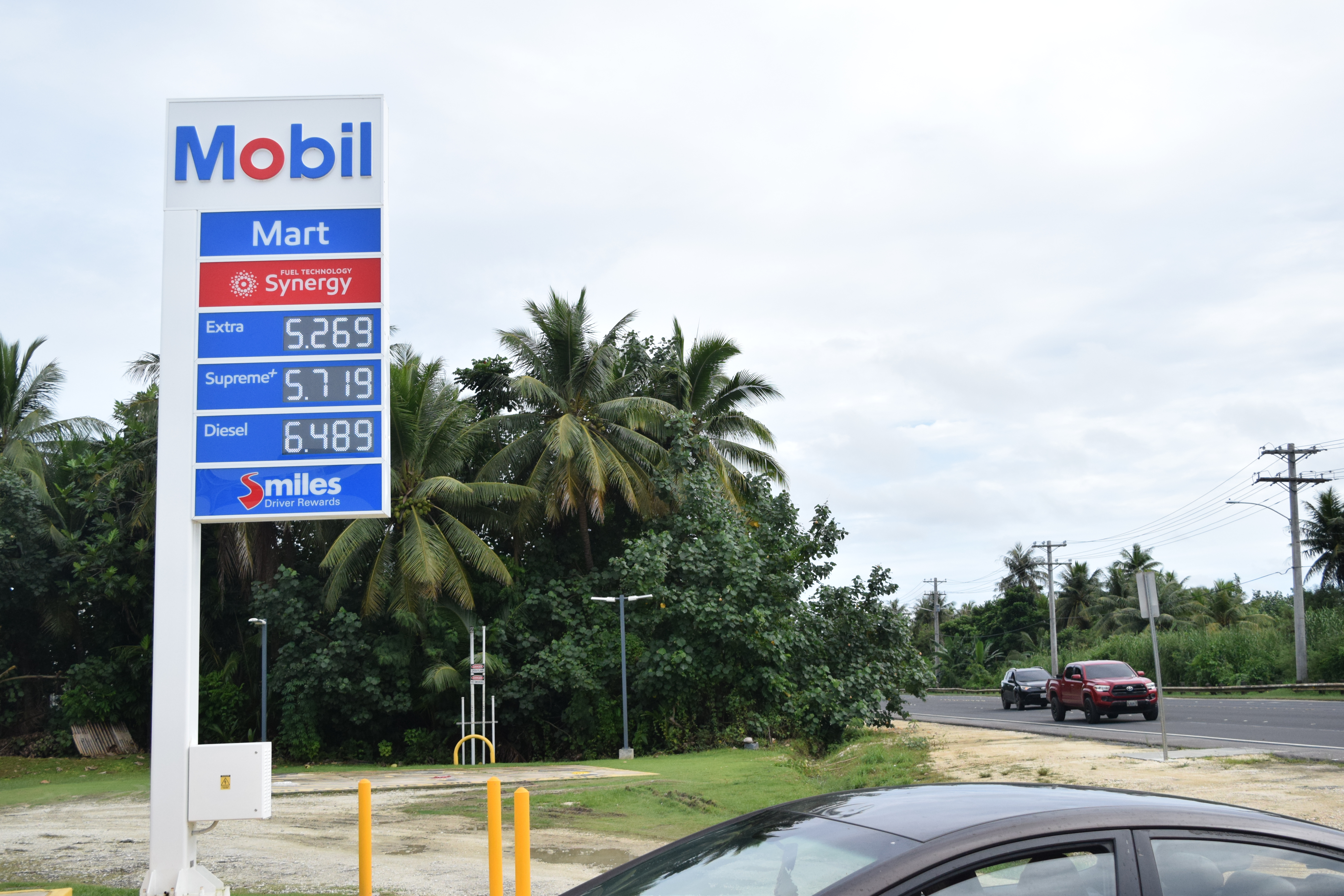The Mobil Oil station in Chalan Kiya displays its prices on Tuesday.