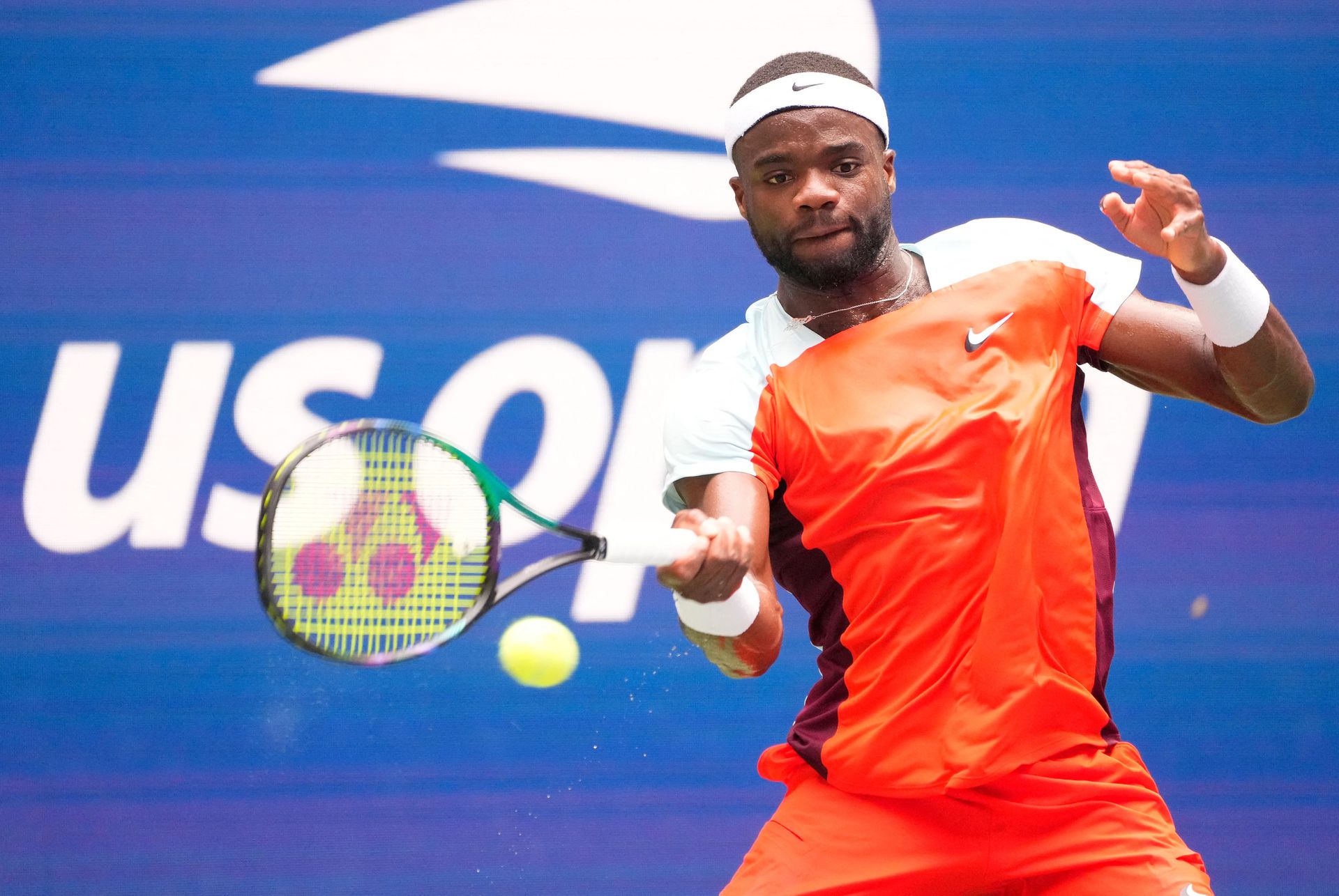 Frances Tiafoe hits to Rafael Nadal  on day eight of the 2022 U.S. Open tennis tournament at USTA Billie Jean King National Tennis Center in Flushing, NY, Sept. 5, 2022.