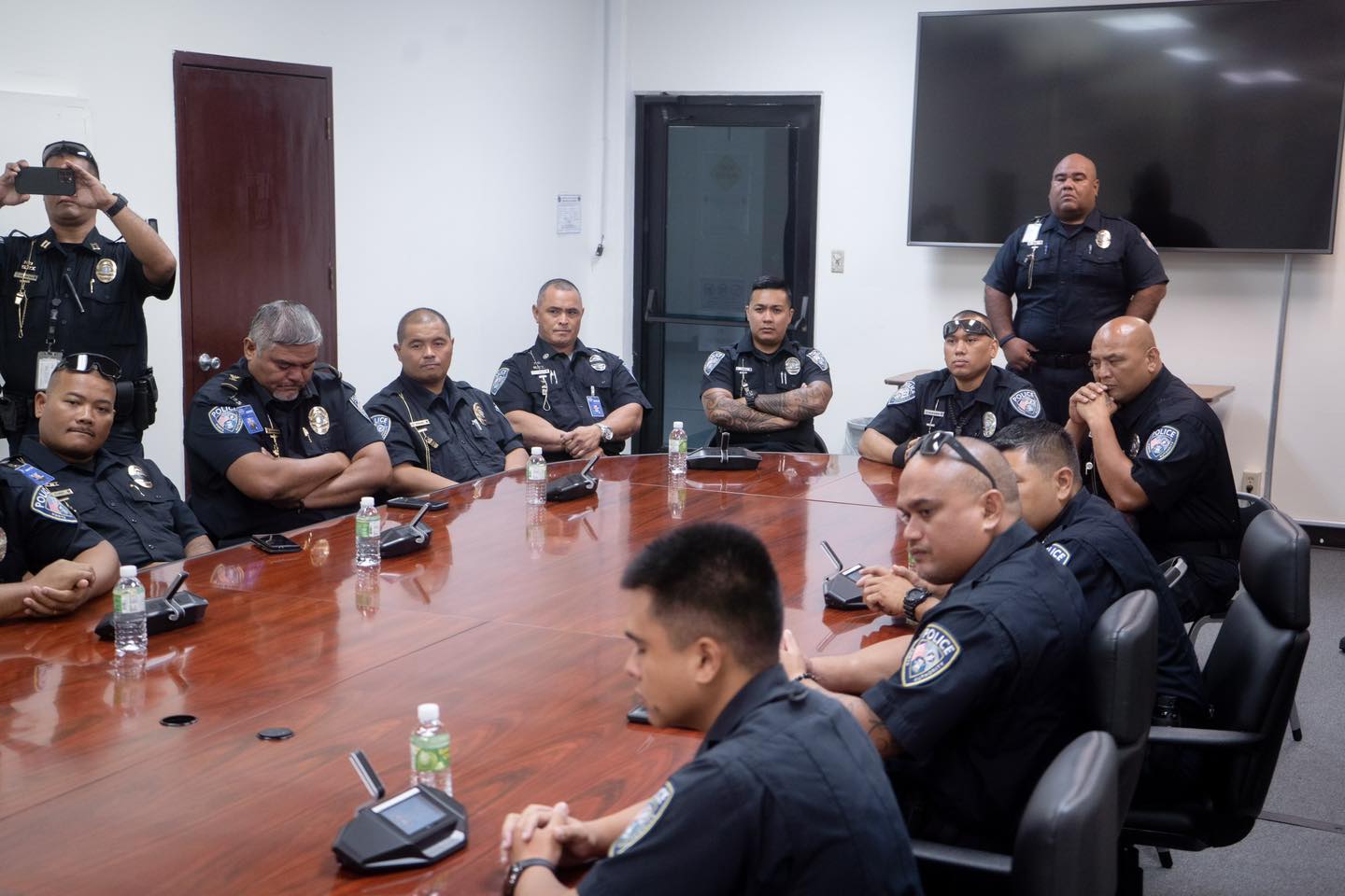 Ports police officers fill the governor's conference room on Tuesday morning.