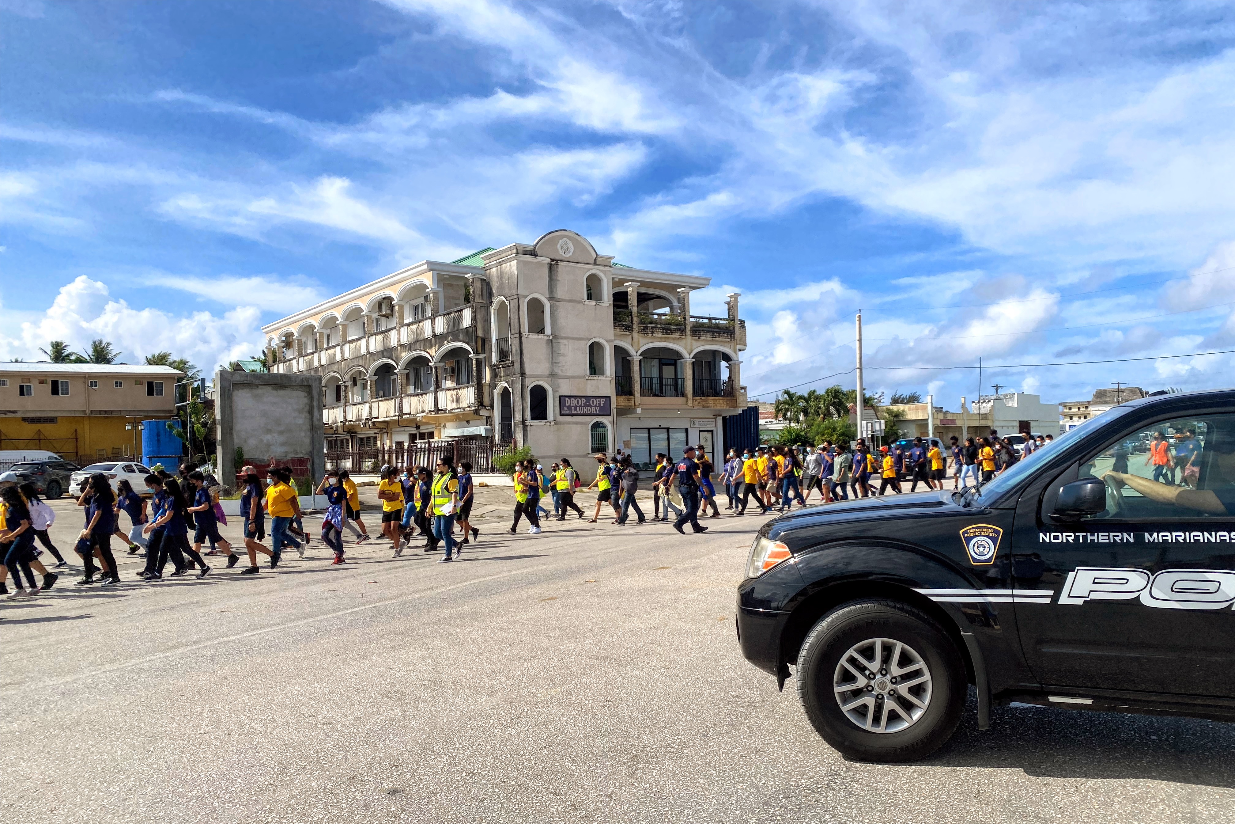 During a tsunami drill on May 10, 2022, Hopwood Middle School students are safely escorted out of their campus to an evacuation safe zone in As Perdido. On Tuesday, Sept. 13, 12 schools will stage a simultaneous tsunami drill.