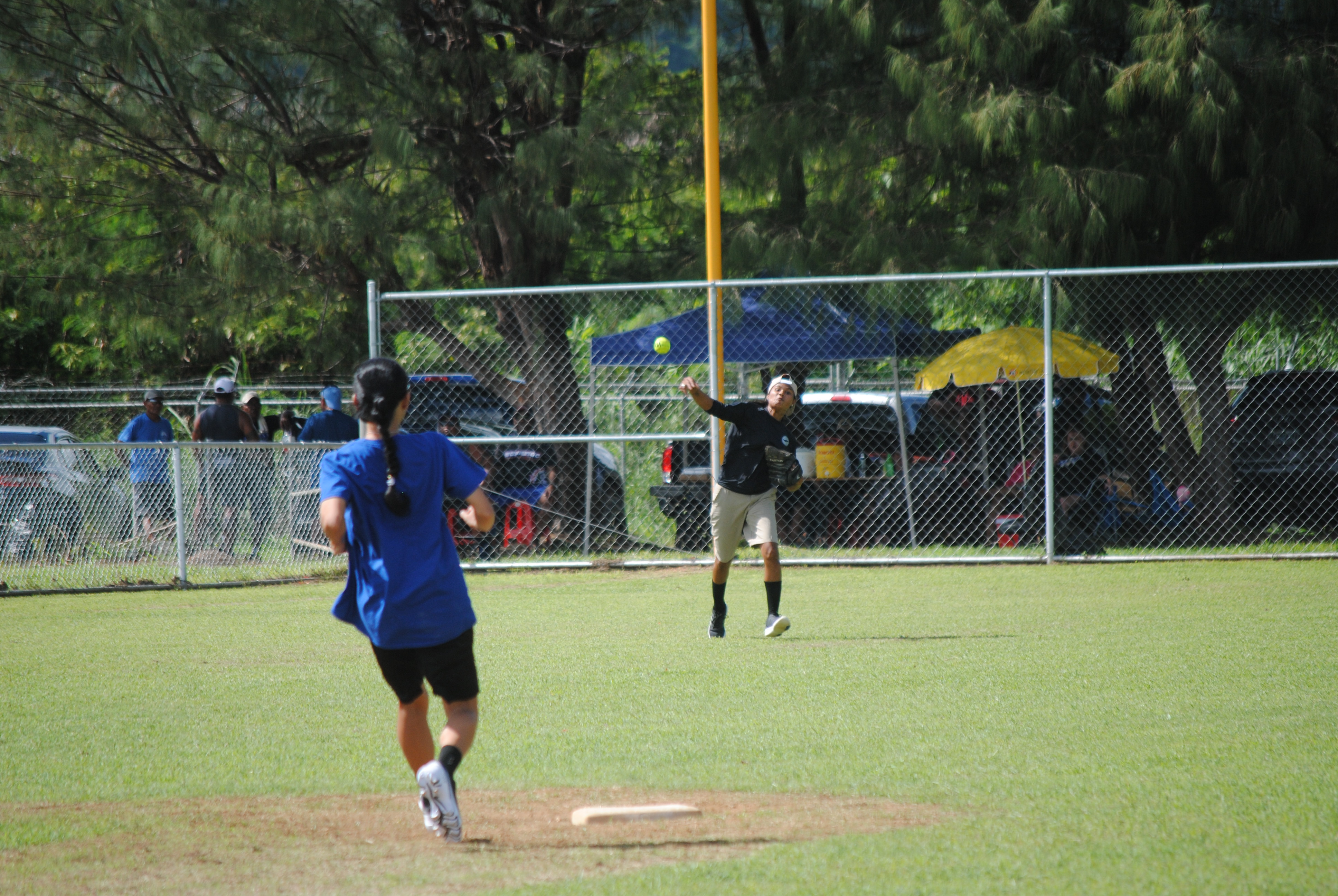 Lady Eagles’ Joyce throws to second base for the out during a 2022 Budweiser Belau Amateur Softball League game at the Dandan baseball field.