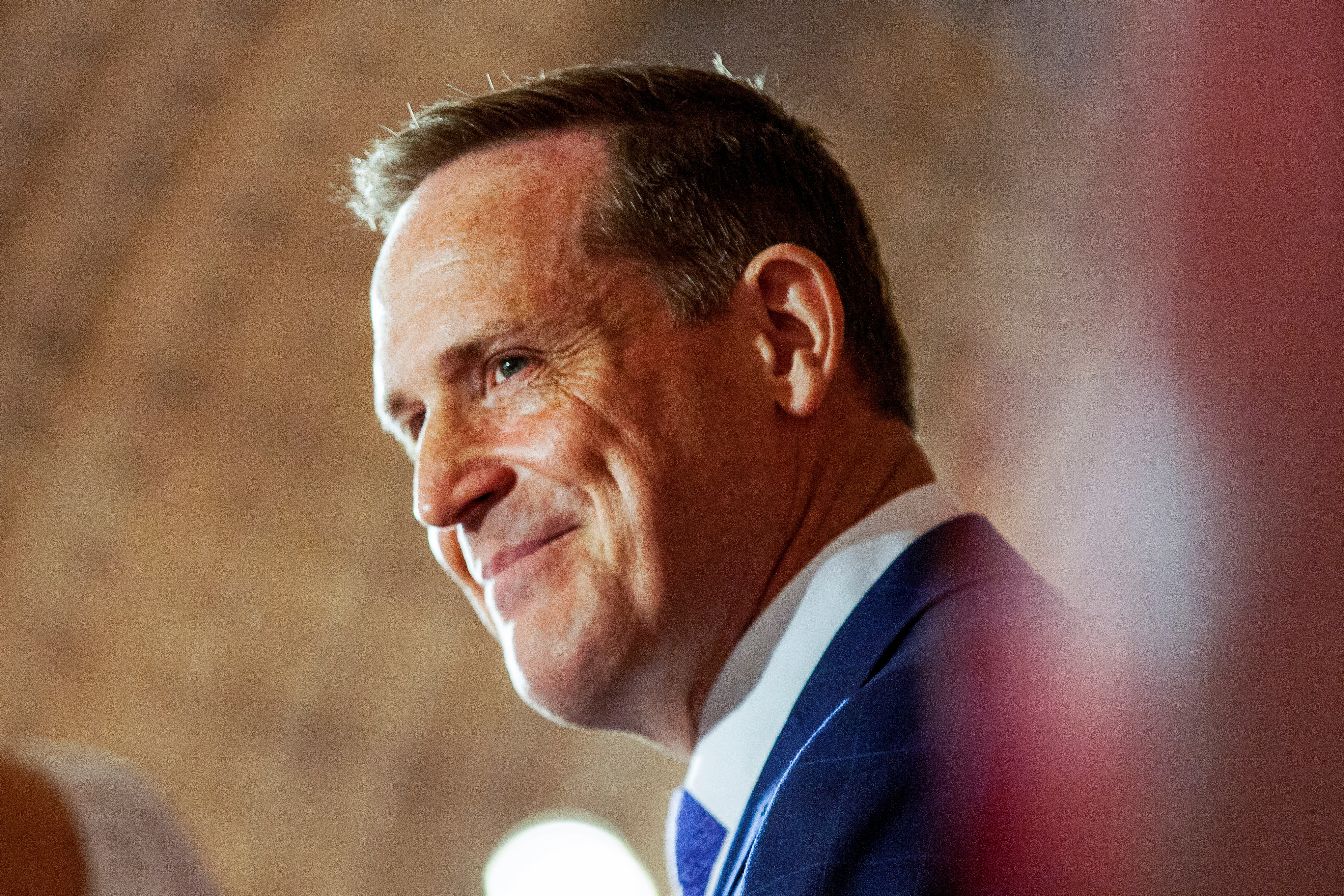 Republican U.S. Senate candidate Ted Budd looks on during his primary election watch party, in Bermuda Run, North Carolina, May 17, 2022.