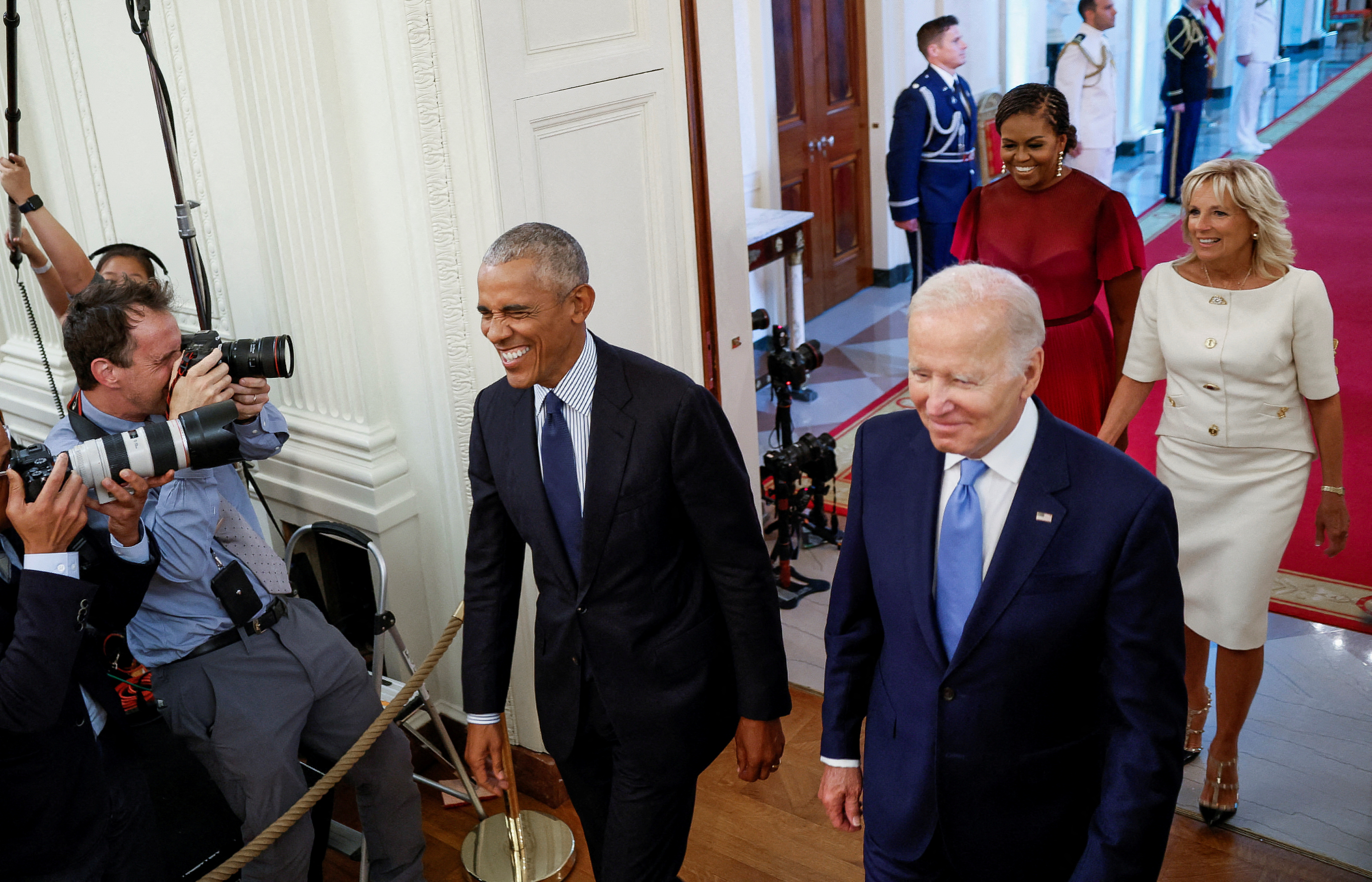 President Joe Biden and first lady Jill Biden host former President Barack Obama and former first lady Michelle Obama for the unveiling of their official White House portraits in the East Room of the White House, in Washington, D.C., Sept. 7, 2022.