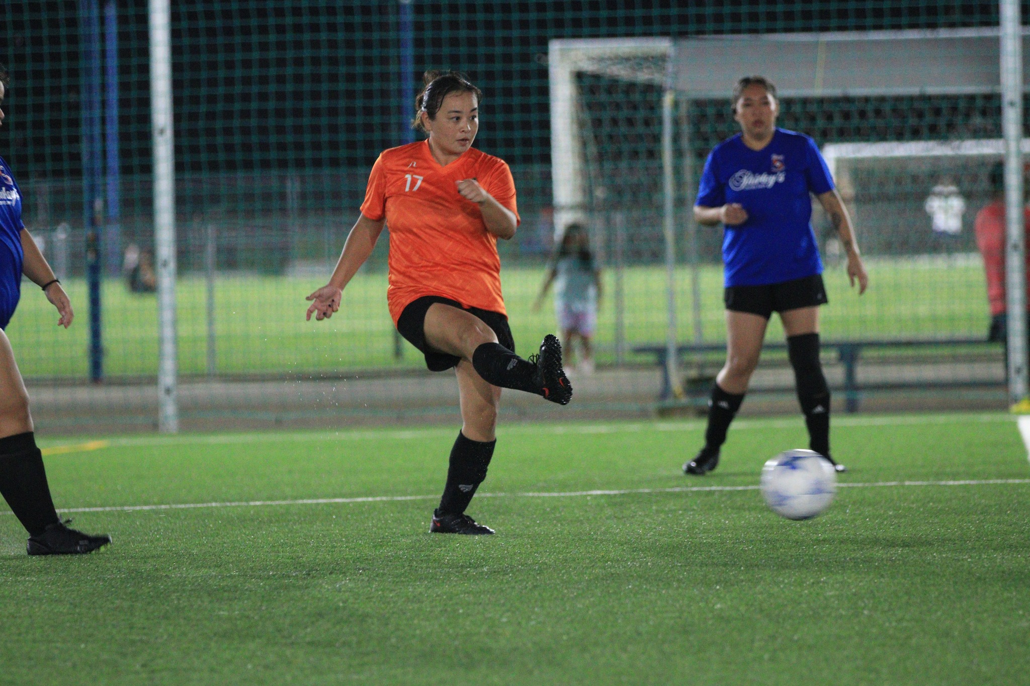Kanoa's Valerie Sablan attempts the cross pass during an Intermediate B Division game of the Dove Women's League at the NMI Soccer Training Center.