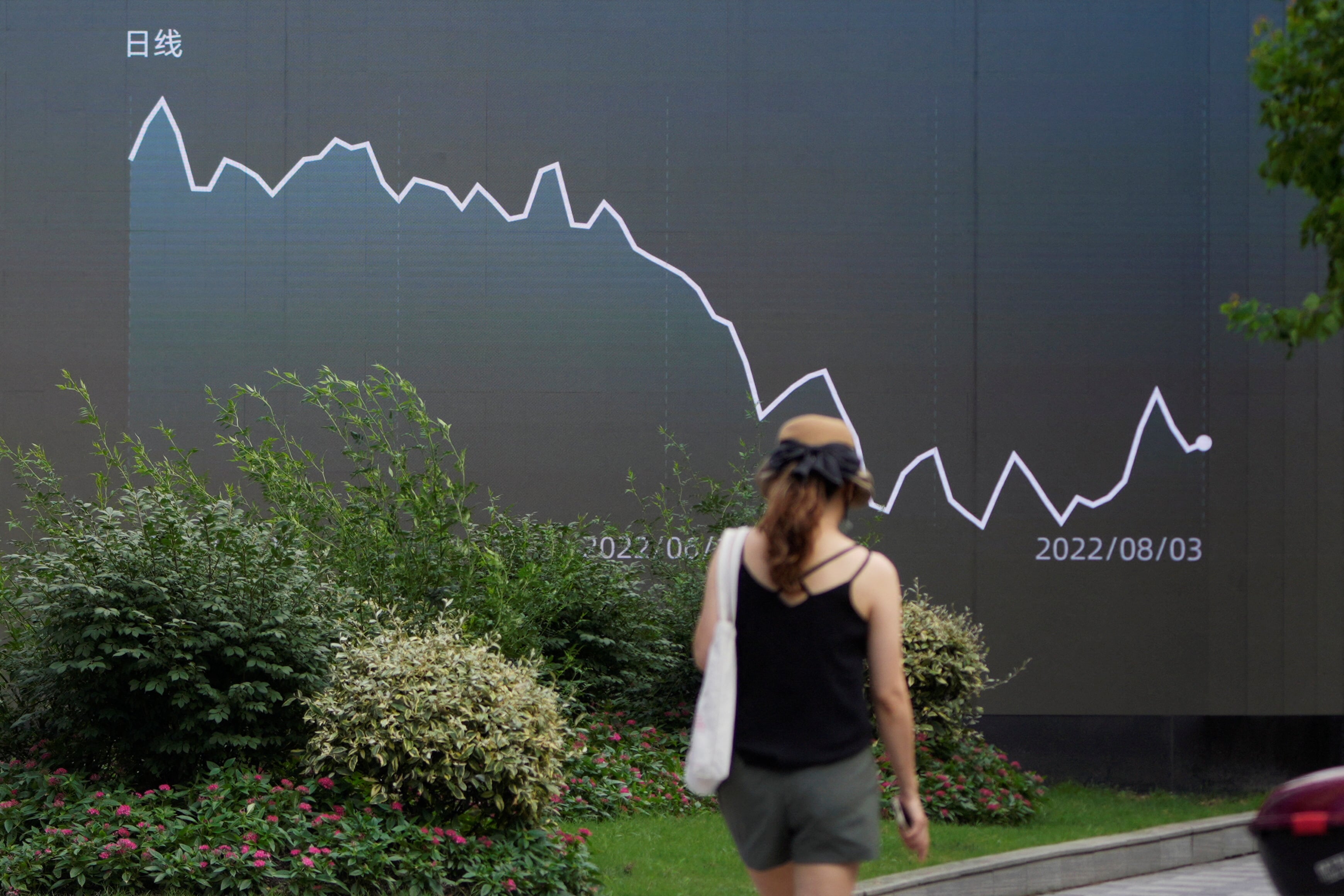A pedestrian walks past a giant display showing a stock graph, in Shanghai, China, Aug. 3, 2022.