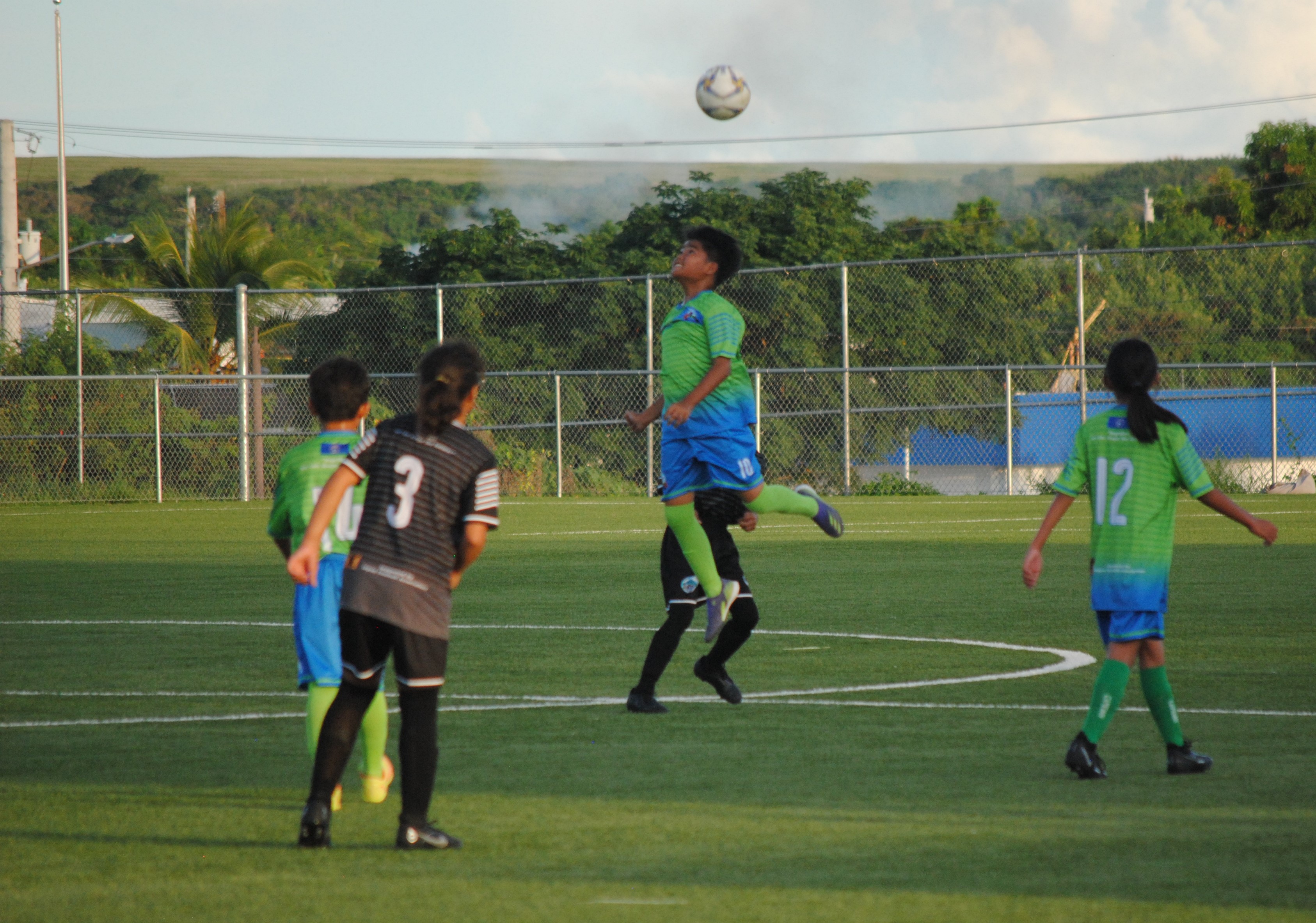 WSR 2's Aldric Antonio intercepts the possession with a header during the championship match against GES 1 in the elementary school division of the NMIFA-PSS Interscholastic Soccer League at the NMI Soccer Training Center.