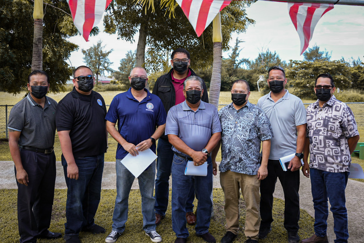 From left,  Sen. Francisco Q. Cruz, Associate Commissioner for Administrative Services Eric Magofna, Board of Education Chairman Gregory Pat Borja, Board of Education Vice Chairman Antonio L. Borja, Tinian Mayor Edwin P. Aldan, Commissioner of Education Dr. Alfred B. Ada, Tinian Municipal Council Chairman Joseph E. Santos, and Rep. Patrick H. San Nicolas.