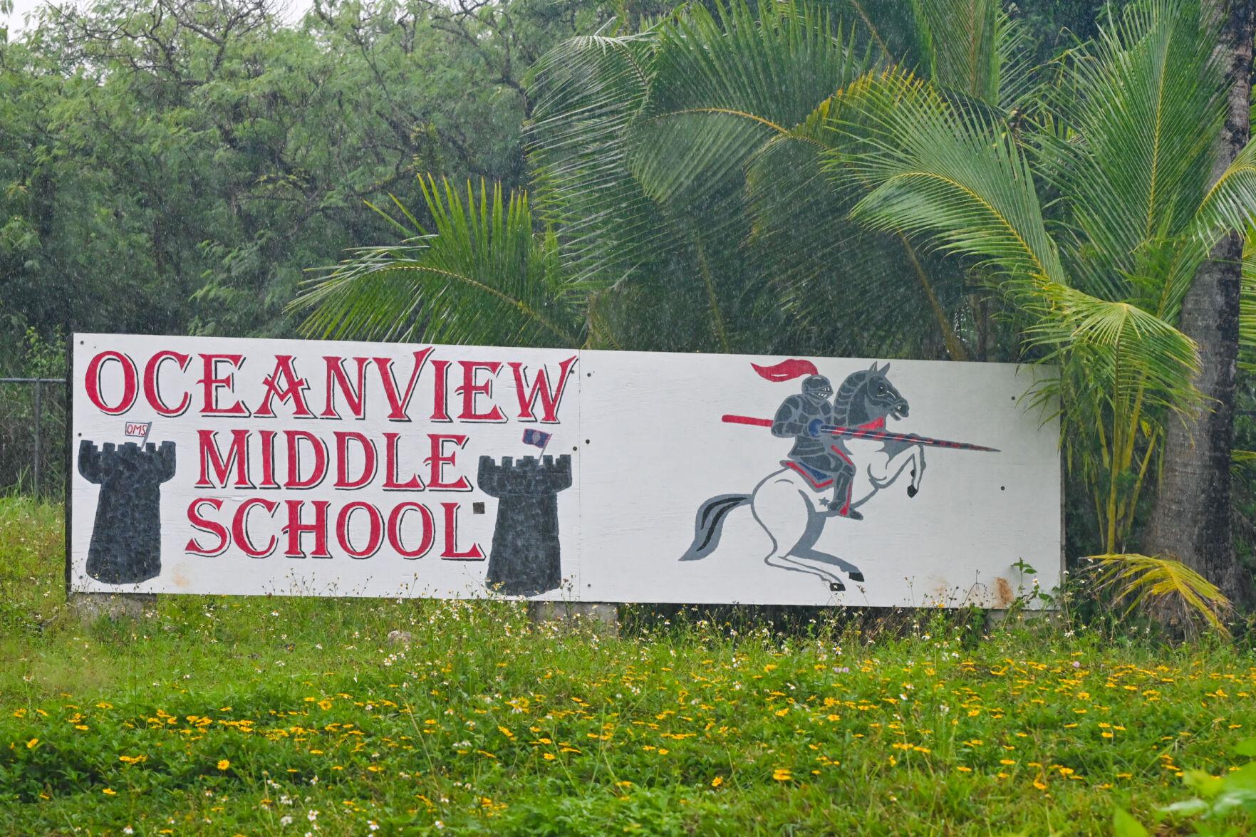The Oceanview Middle School main sign as seen Sunday in Hågat. Following health and safety concerns noted from stakeholders, the campus was inspected by local government officials, and received a "D" rating from the Department of Public Health and Social Services.