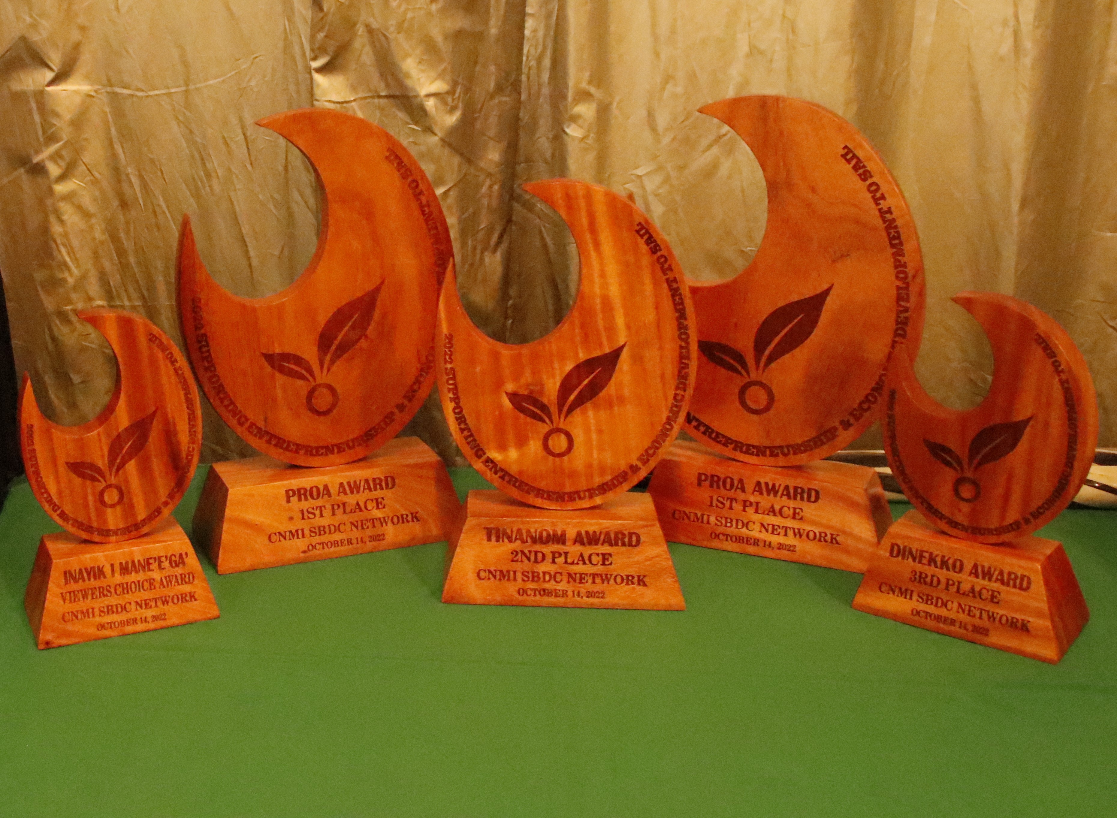 The five SEED to Sail competition awards are seen on a table during the competition on Friday evening at Grandvrio Resort Saipan.