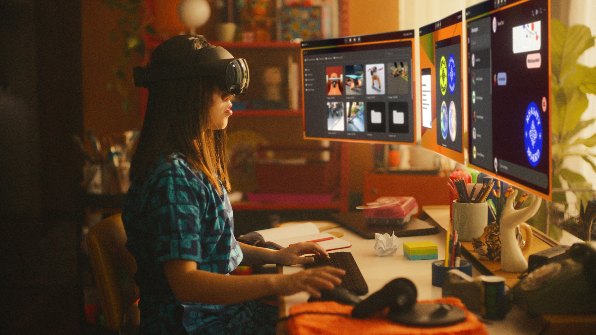 A woman sitting at a desk works on virtual screens using Meta's Quest Pro device, which the company is pitching as a productivity tool, in this undated handout picture.