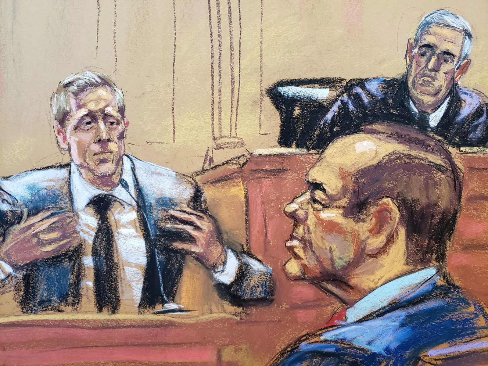 Actor and defendant Kevin Spacey and Judge Lewis Kaplan listen to plaintiff Anthony Rapp, who has accused Spacey of a sexual assault, testify during Rapp's civil sex abuse case against Spacey in this courtroom sketch from the trial in New York, Oct. 7, 2022.