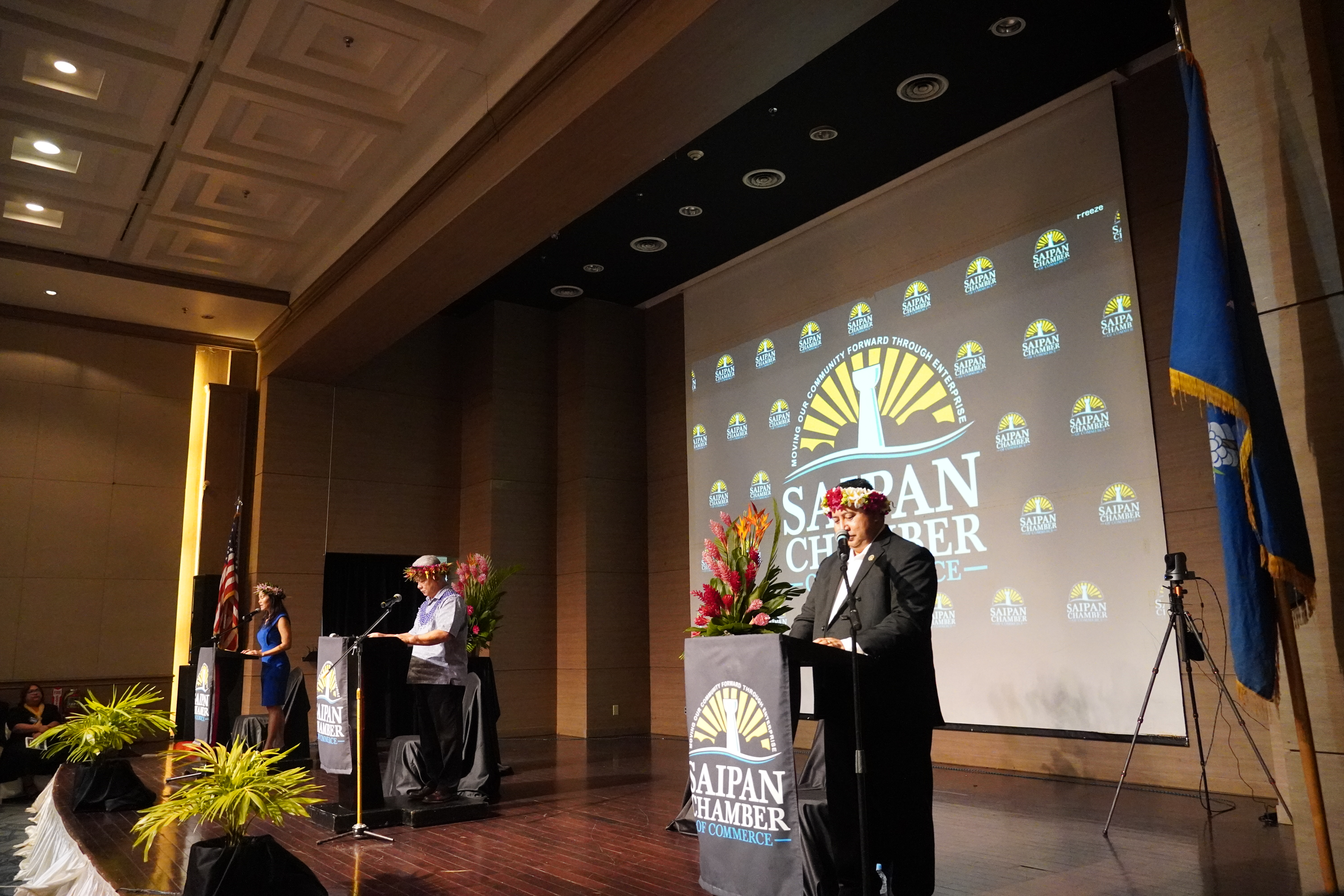 From left, Democratic Rep. Christina Marie Elise "Tina" Sablan, Independent Lt. Gov. Arnold I. Palacios, and Republican Gov. Ralph DLG Torres stand on stage during the debate.