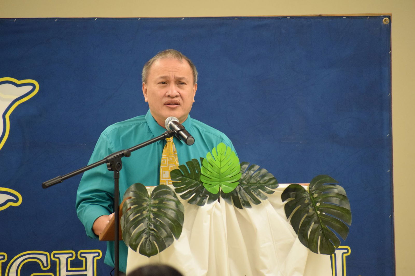Then-Board of Education Chairman Andrew Orsini delivers his remarks during the launch ceremony for the  Public School System’s solar energy system at Marianas High School on Oct. 7, 2021.