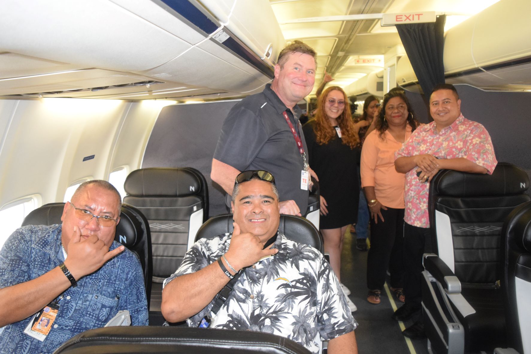 Gov. Ralph DLG Torres, right, Finance Secretary David DLG Atalig, center, Commonwealth Ports Authority Executive Director Christopher Tenorio, left, seated, Northern Pacific Airways Chief Executive Officer Rob McKinney, center standing, Office of the Governor Acting Special Assistant for Communications Brianna Hunter and KKMP host and Republican Party Precinct 1 candidate Lucinda Rose Selepeo on board the Northern Marianas Airways Boeing 757-200.