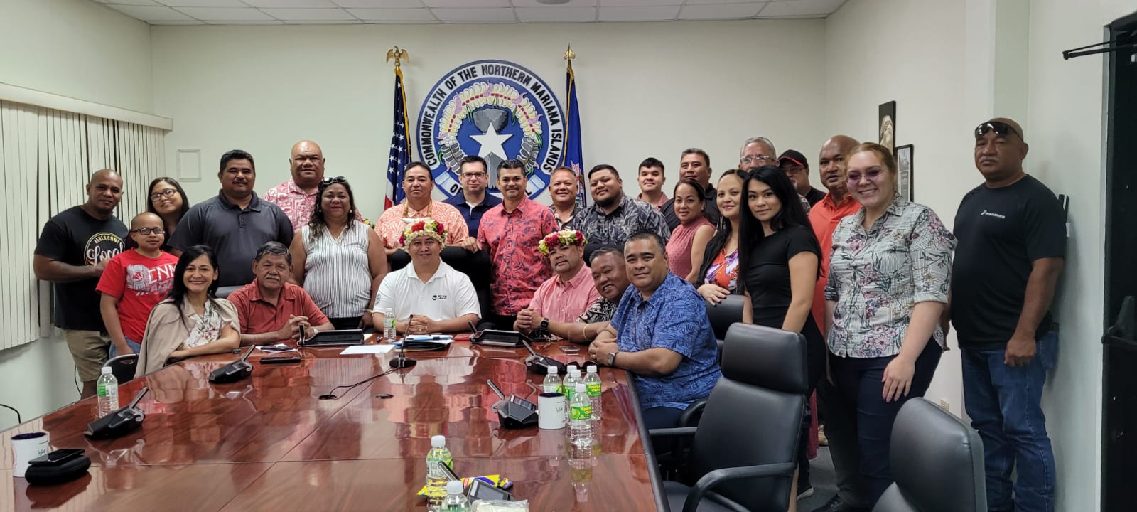 Gov. Ralph DLG Torres poses for a photo with Senate Floor Leader Vinnie F. Sablan, first lady Diann T. Torres, Secretary of Finance David DLG Atalig, Sen. Victor B. Hocog, Rep. Roy Ada, House Minority Leader Angel Demapan, Rep. Joseph Leepan T. Guerrero and other administration officials and staff following the signing of the fiscal year 2023 budget bill into law on Saturday noon at the governor's office.