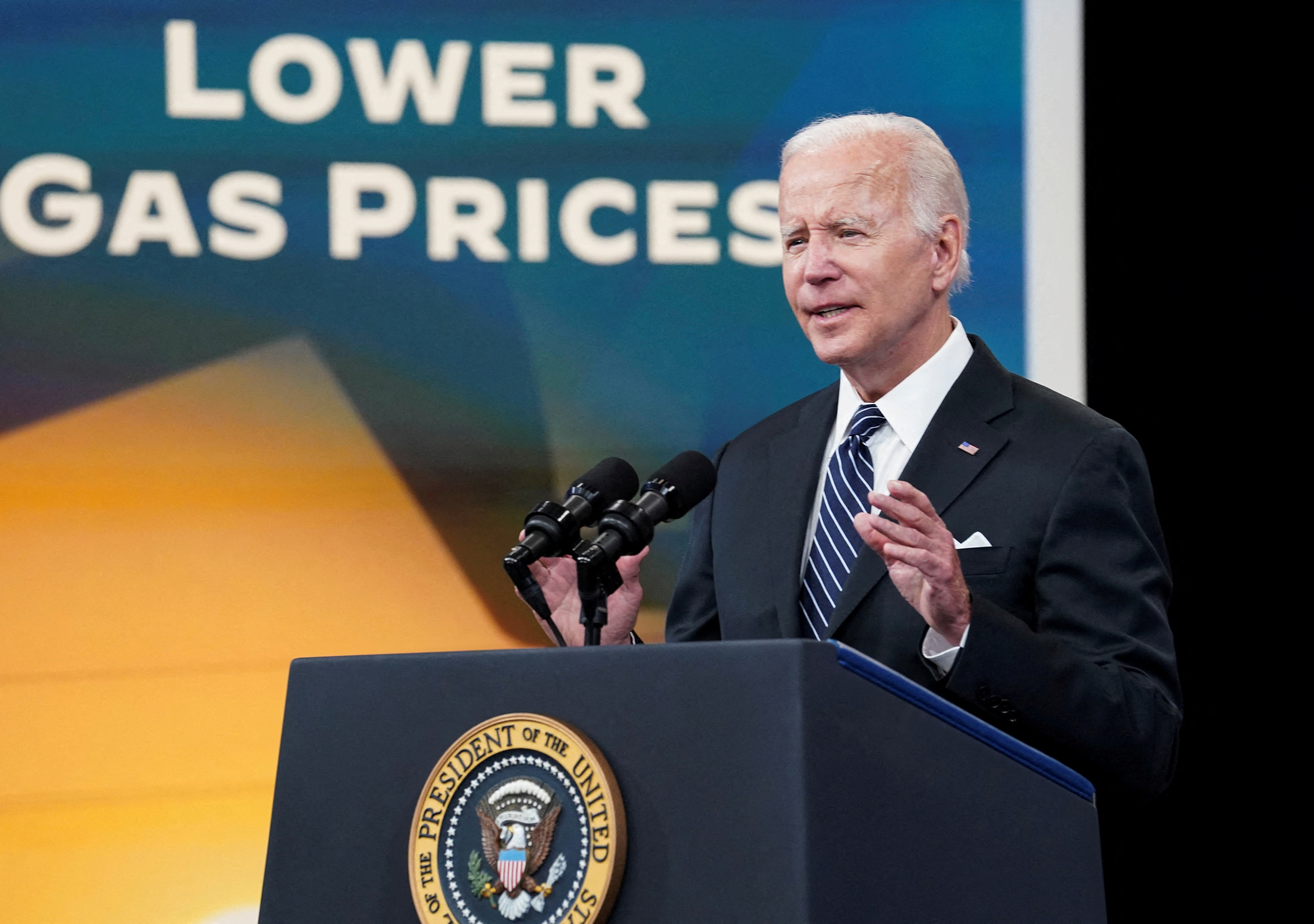 President Joe Biden calls for a federal gas tax holiday as he speaks about gas prices during remarks in the Eisenhower Executive Office Building's South Court Auditorium at the White House in Washington, D.C., June 22, 2022.
