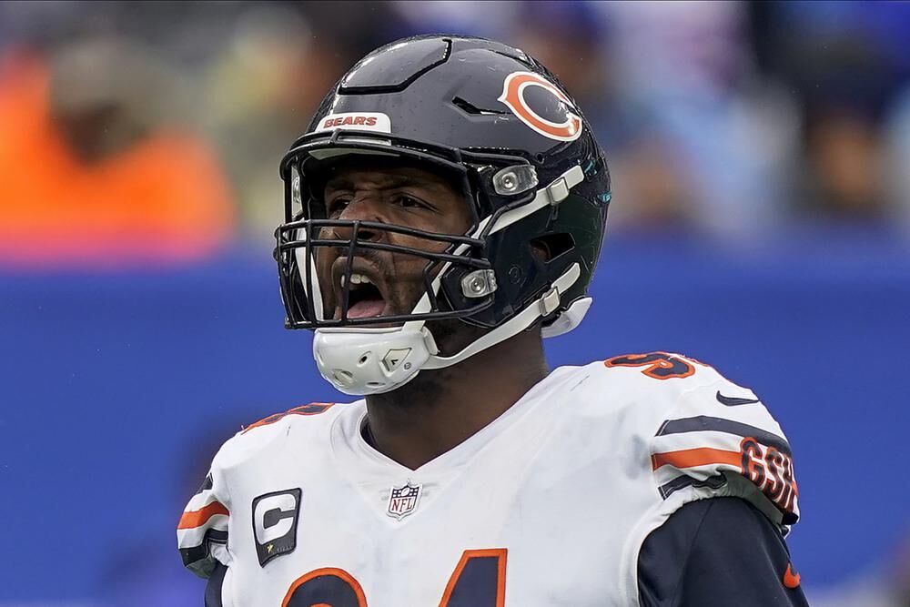 Chicago Bears linebacker Robert Quinn (94) reacts during the fourth quarter of an NFL football game against the New York Giants, on Sunday, Oct. 2, 2022, in East Rutherford, N.J.