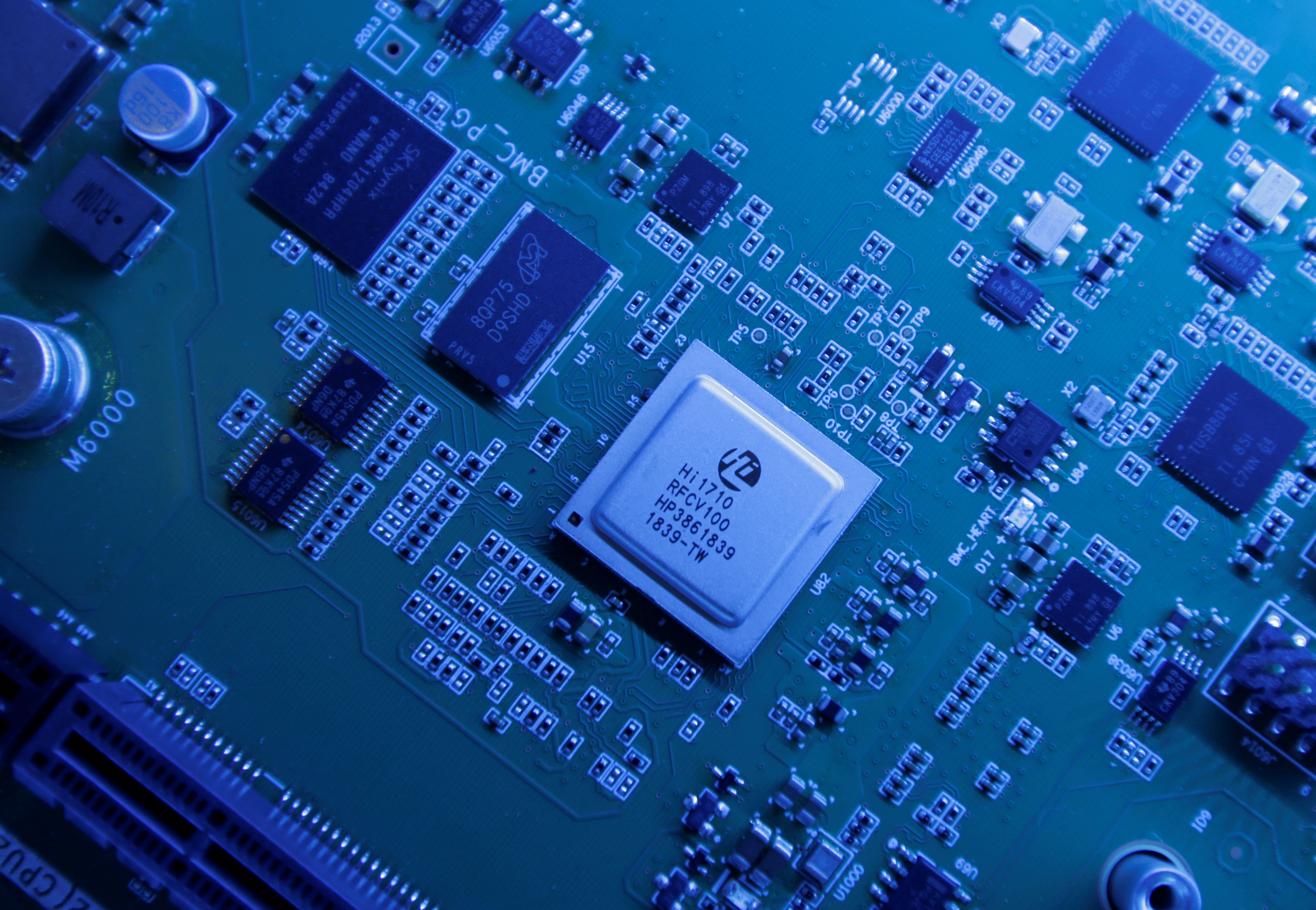 Hi1710 BMC management chip is seen on a Kunpeng 920 chipset designed by Huawei's Hisilicon subsidiary at Huawei's headquarters in Shenzhen, Guangdong province, China, May 29, 2019.