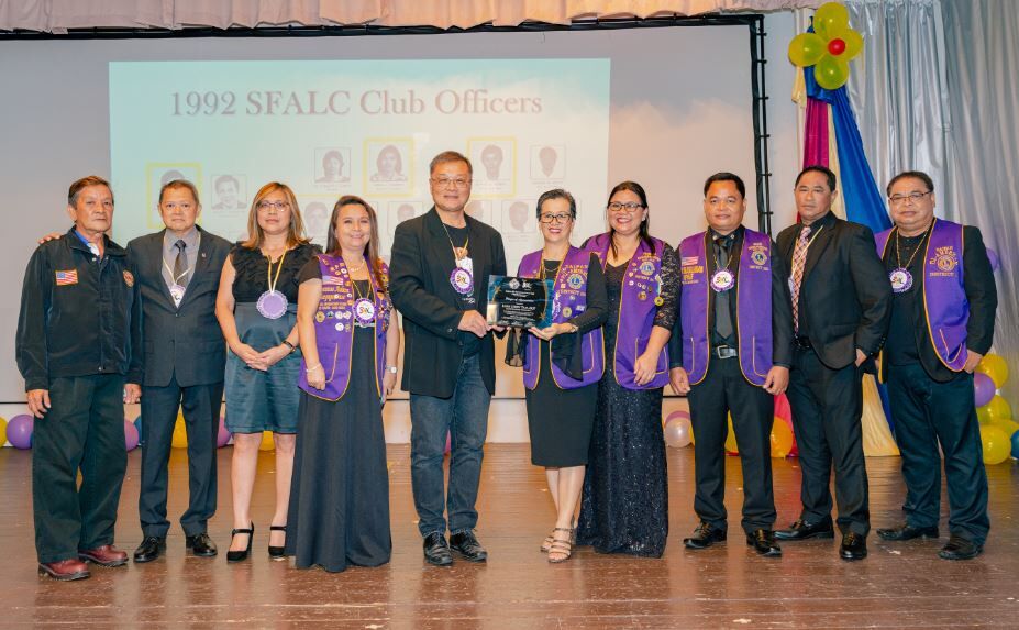 The officers of Saipan Fil-American Lions Club, led by newly installed President Maria Socorro Huliganga, presented the club’s founding president, Jerry Tan, with a plaque of recognition. Also in photo are three of the club’s pioneering members: Ross Zapanta, Nimfa Canedo and Dannie Robles.