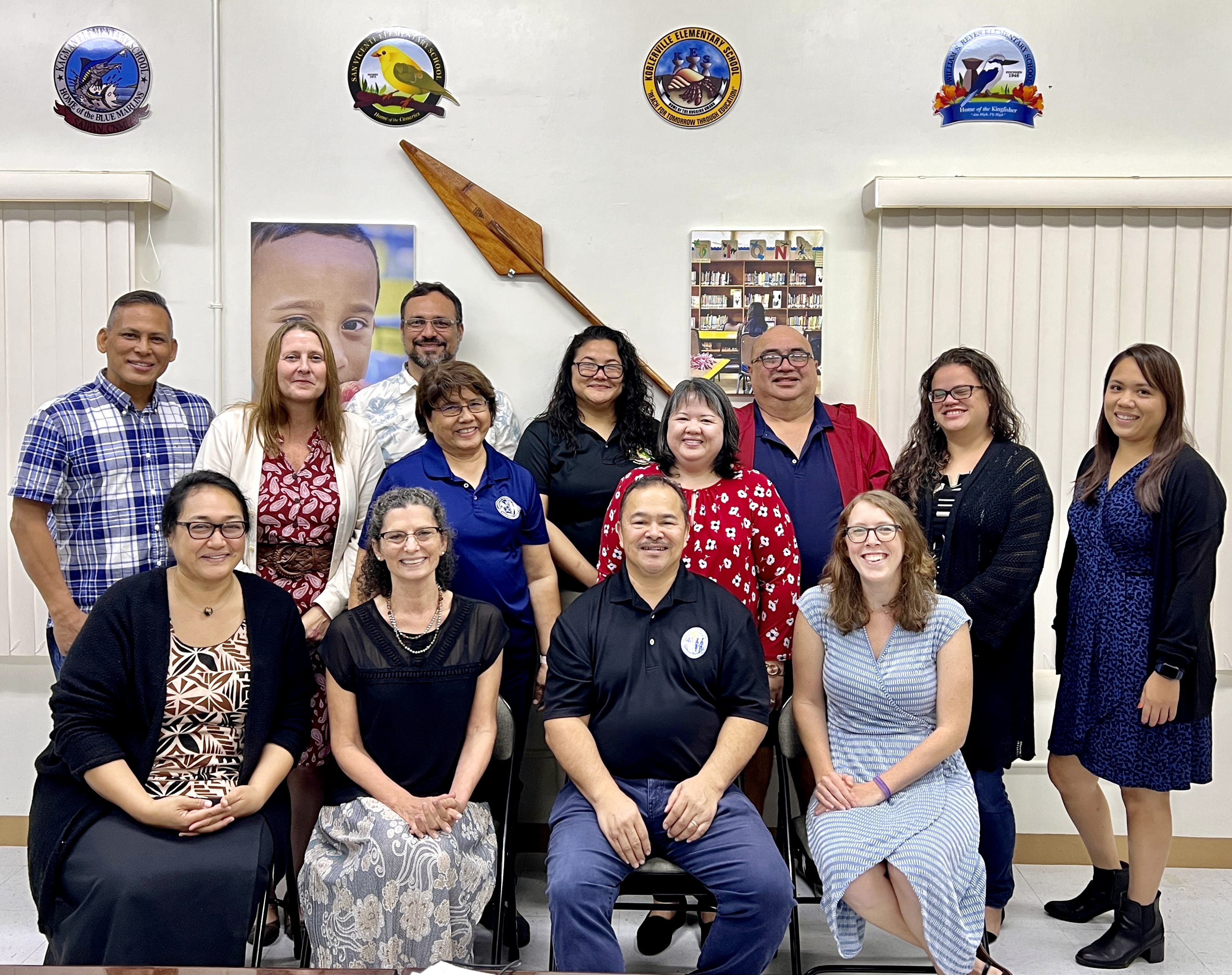 Experts from Regional Education Laboratory Pacific, seated front row, from left, Natasha Saelua, Dr. Christina Tydeman and Erin D’Amelio, right, and REL-Pacific adviser for the CNMI Leo Pangelinan, third left, standing, pose for a photo with Commissioner of Education Dr. Alfred B. Ada, Senior Director for Curriculum and Instruction Jackie Quitugua, Senior Director for Accountability, Research and Evaluation Dr. Rizalina Liwag, Project Director for the State Longitudinal Data System Annette Pladevega-Sablan, Chamorro and Carolinian Heritage Studies Program Director Jonas Barcinas, English Language Arts Coordinator Amy Blanco, Research and Evaluation Program Manager Trini MacDuff, Principal Representative for Elementary Schools Paulette Tomokane, and Principal Representative for Middle Schools James Sablan.