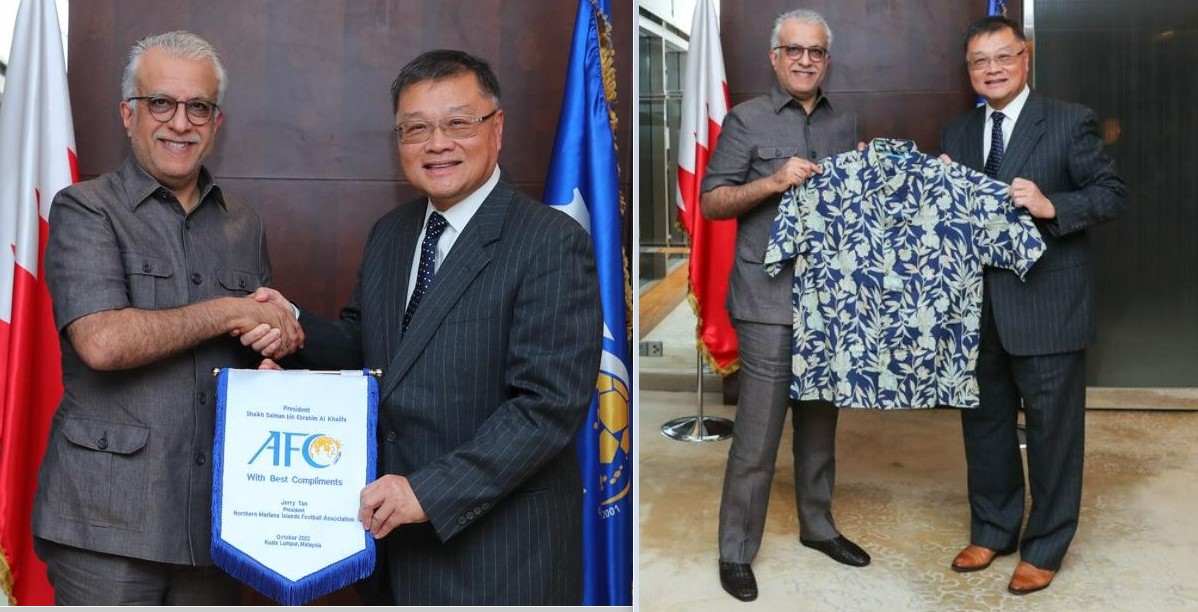 Asian Football Confederation President Shaikh Salman bin Ebrahim Al Khalifa, left photo, shakes hands with Northern Mariana Islands Football Association President Jerry Tan after presenting a pennant to Tan during the latter’s visit at the AFC headquarters in Kuala Lumpur, Malaysia on Tuesday. Tan, right photo, presents an island shirt to Shaikh Salman.Asian Football Confederation photos