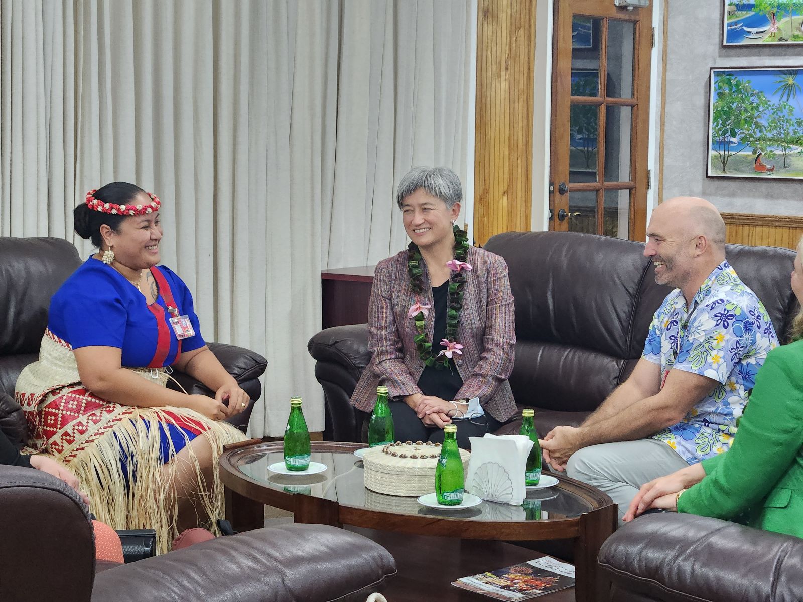 Marshall Islands Foreign Minister Kitlang Kabua welcomed Australian Foreign Minister Penny Wong on arrival in Majuro Wednesday night at the airport VIP Lounge. With them is Australian Ambassador to the Marshall Islands Brek Batley.