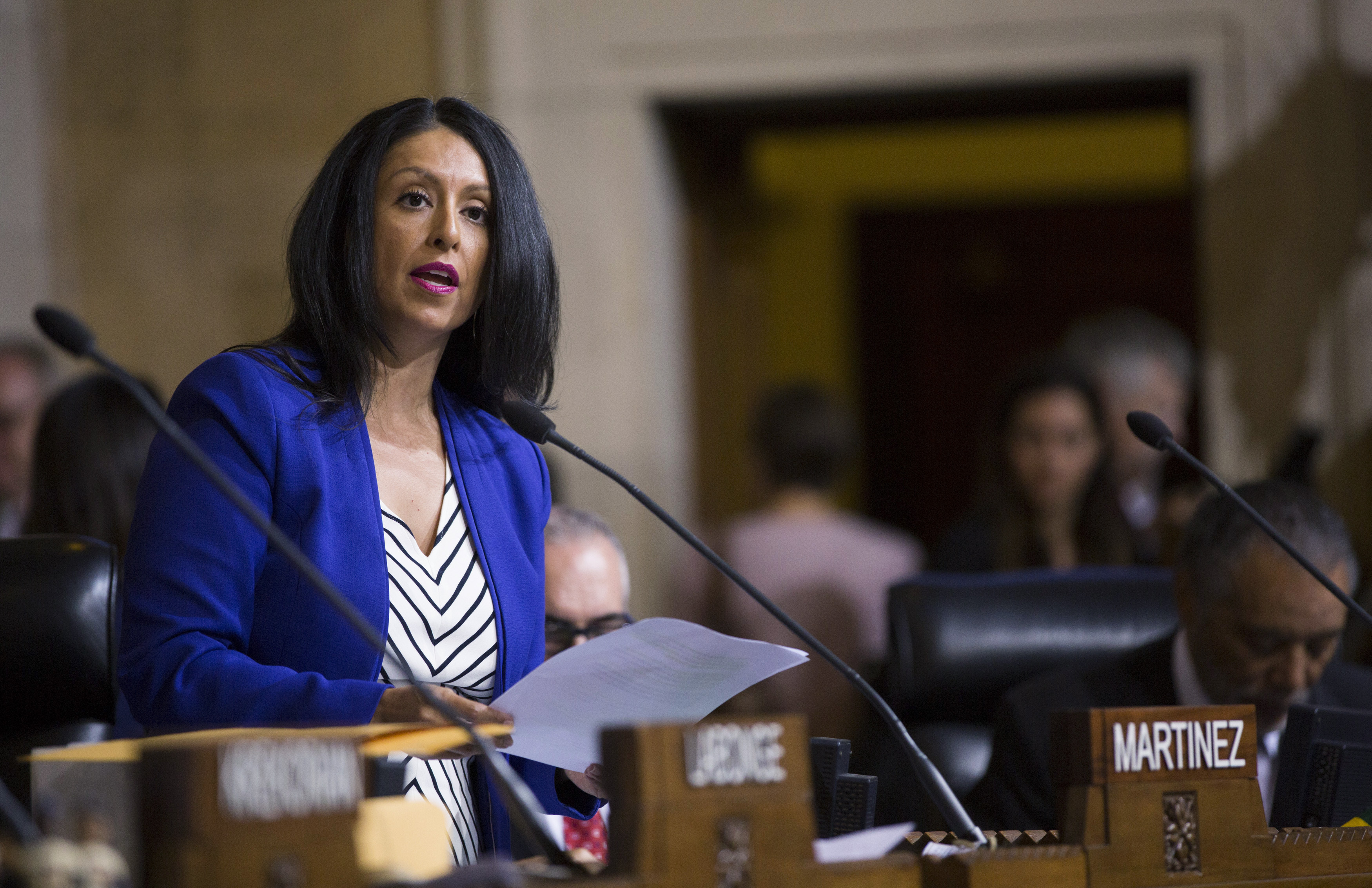 Nury Martinez speaks prior to a City Council vote at City Hall in Los Angeles, California, Sept. 24, 2014.