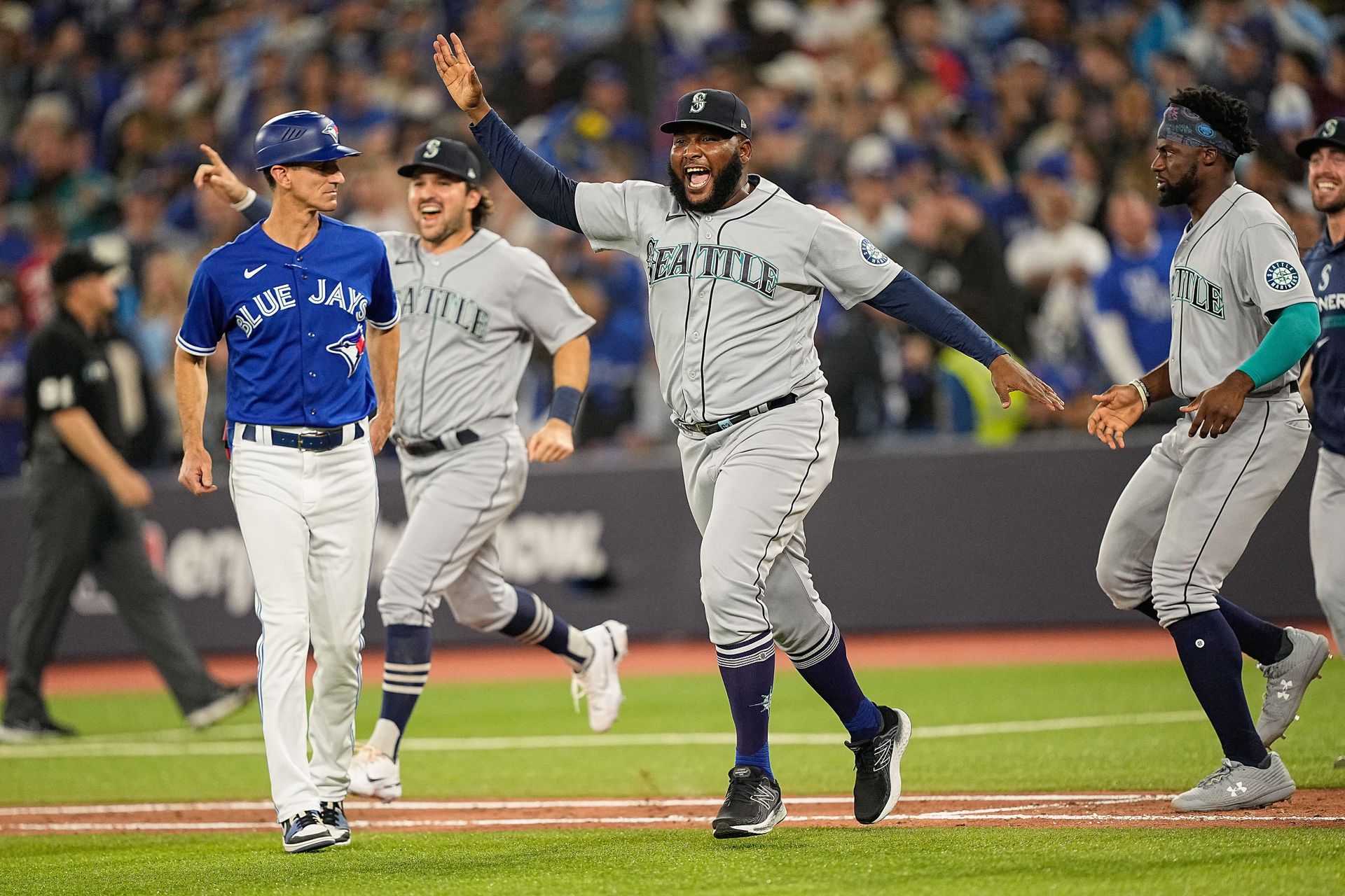 Seattle Mariners relief pitcher Diego Castillo (63) celebrates after the game against the Toronto Blue Jays in game two of the Wild Card series for the 2022 MLB Playoffs at Rogers Centre in Toronto, Ontario, Canada on Oct. 8, 2022.