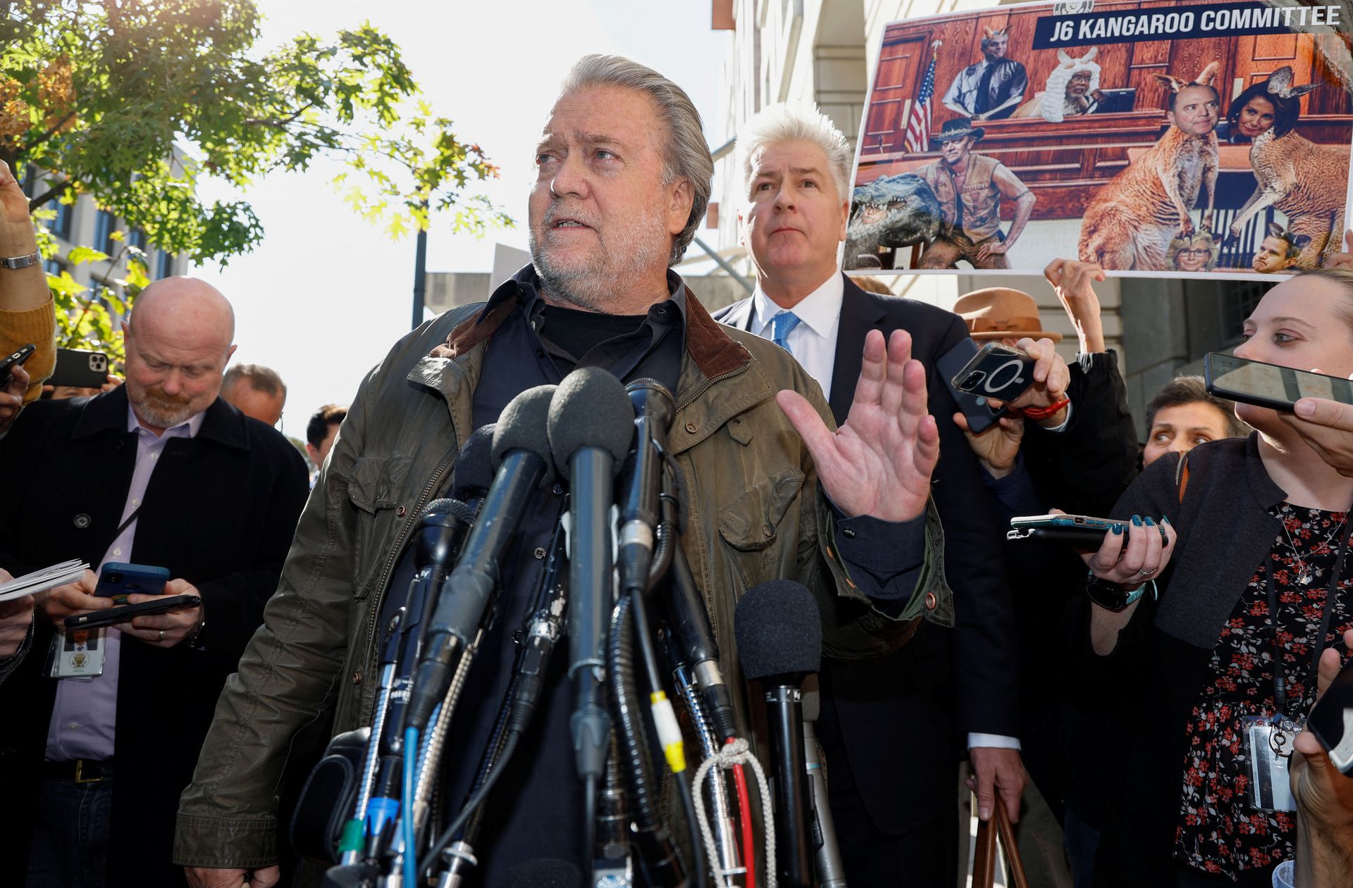 Steve Bannon, former White House chief strategist under former President Donald Trump, who was found guilty of contempt of Congress charges in July for refusing a subpoena about the January 6th Attack on the U.S. Capitol, speaks to reporters after his sentencing hearing at U.S. District Court in Washington, D.C. Oct. 21, 2022.