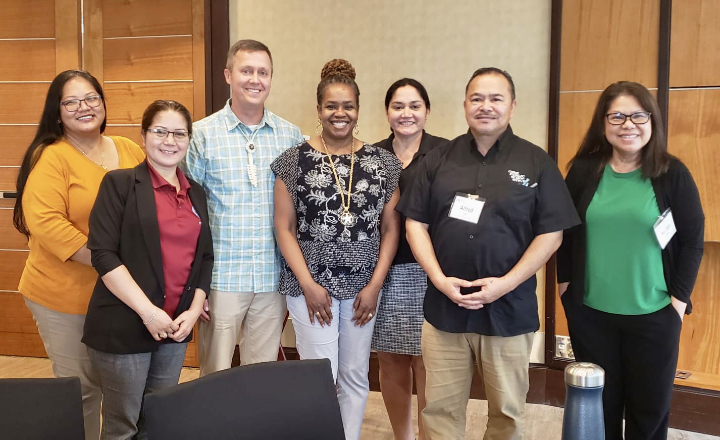  U.S. Department of Education-Office of Special Education officials Charlie Kniseley and Valerie Williams, third and forth from left, respectively, pose for a photo with the CNMI Public School System Special Education Program Data & Compliance Program Manager Nora Fujihira, Finance and Budget Director Arlene Lizama, Special Education Program Director Donna Flores, Commissioner of Education Dr. Alfred B. Ada, and Federal Programs Office’s interim for Internal Control & Evaluation Marian Tudela.